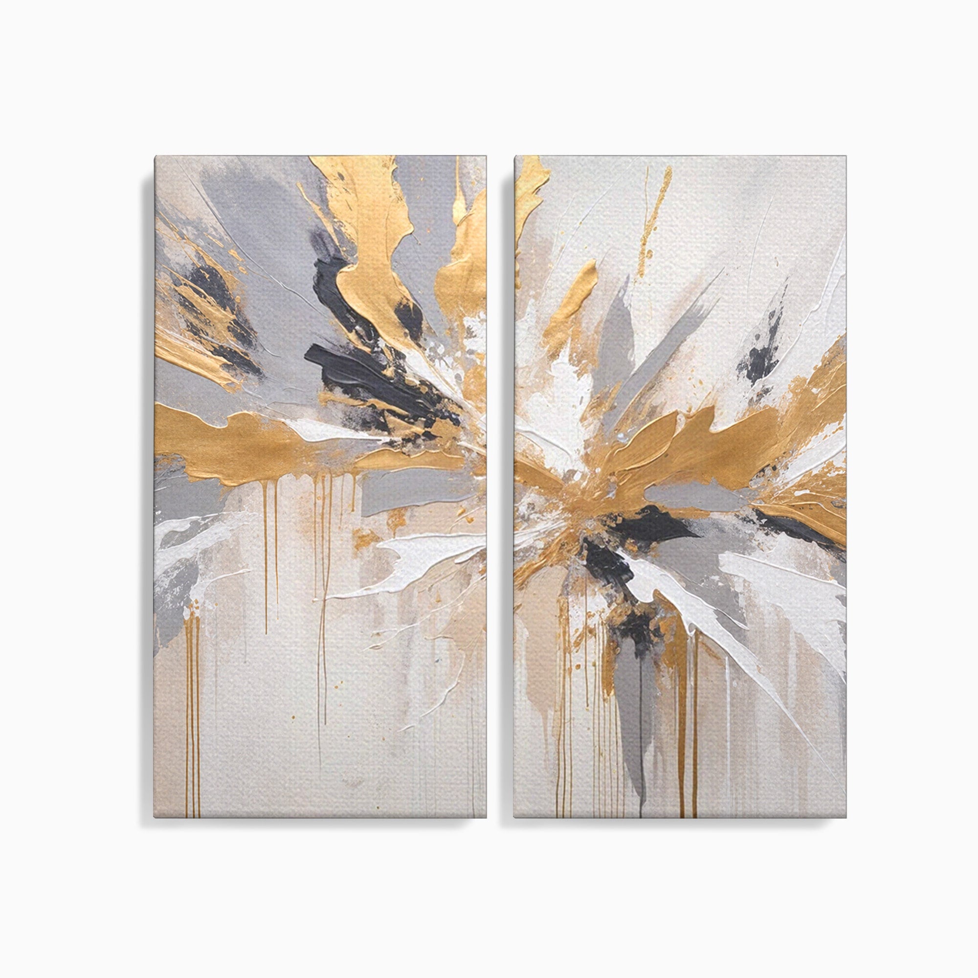 Set 2 Tablouri Canvas Premium LuxCanva® PI2-1378, Explozie Aurie Abstracta, Gri, Modern, Auriu, Culori Vibrante, Living, Dormitor, Salon