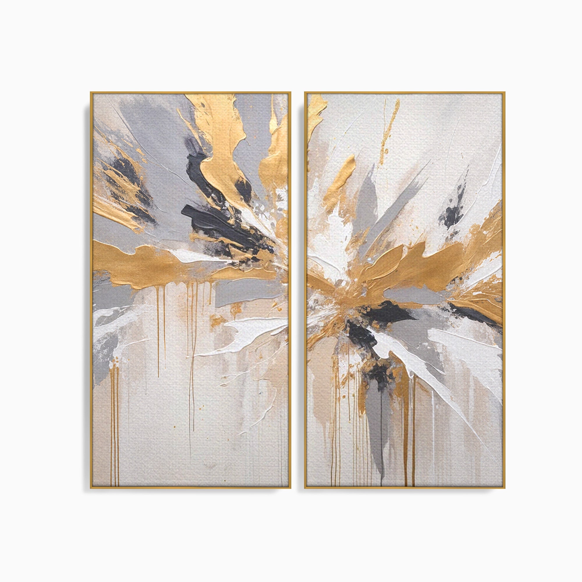 Set 2 Tablouri Canvas Premium LuxCanva® PI2-1378, Explozie Aurie Abstracta, Gri, Modern, Auriu, Culori Vibrante, Living, Dormitor, Salon