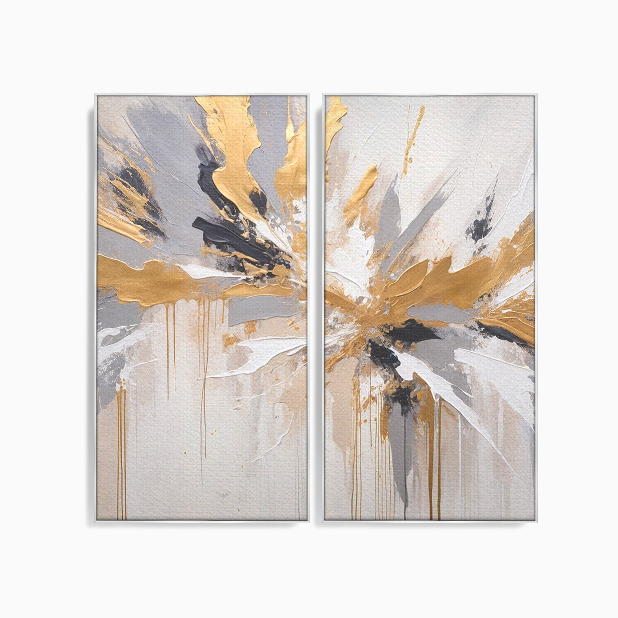 Set 2 Tablouri Canvas Premium LuxCanva® PI2-1378, Explozie Aurie Abstracta, Gri, Modern, Auriu, Culori Vibrante, Living, Dormitor, Salon