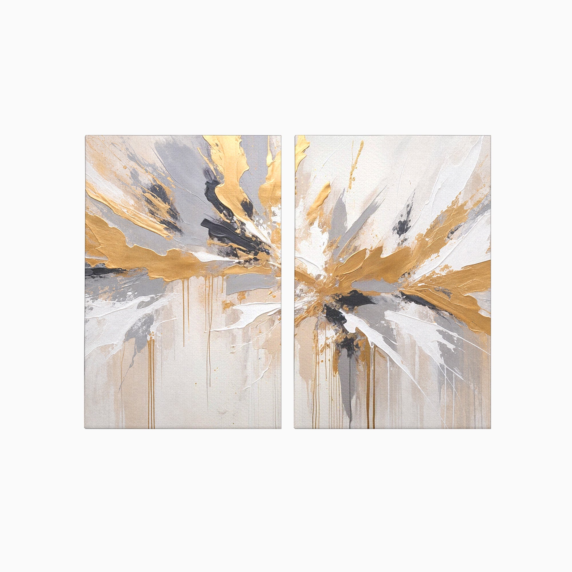 Set 2 Tablouri Canvas Premium LuxCanva® PI2-1378, Explozie Aurie Abstracta, Gri, Modern, Auriu, Culori Vibrante, Living, Dormitor, Salon