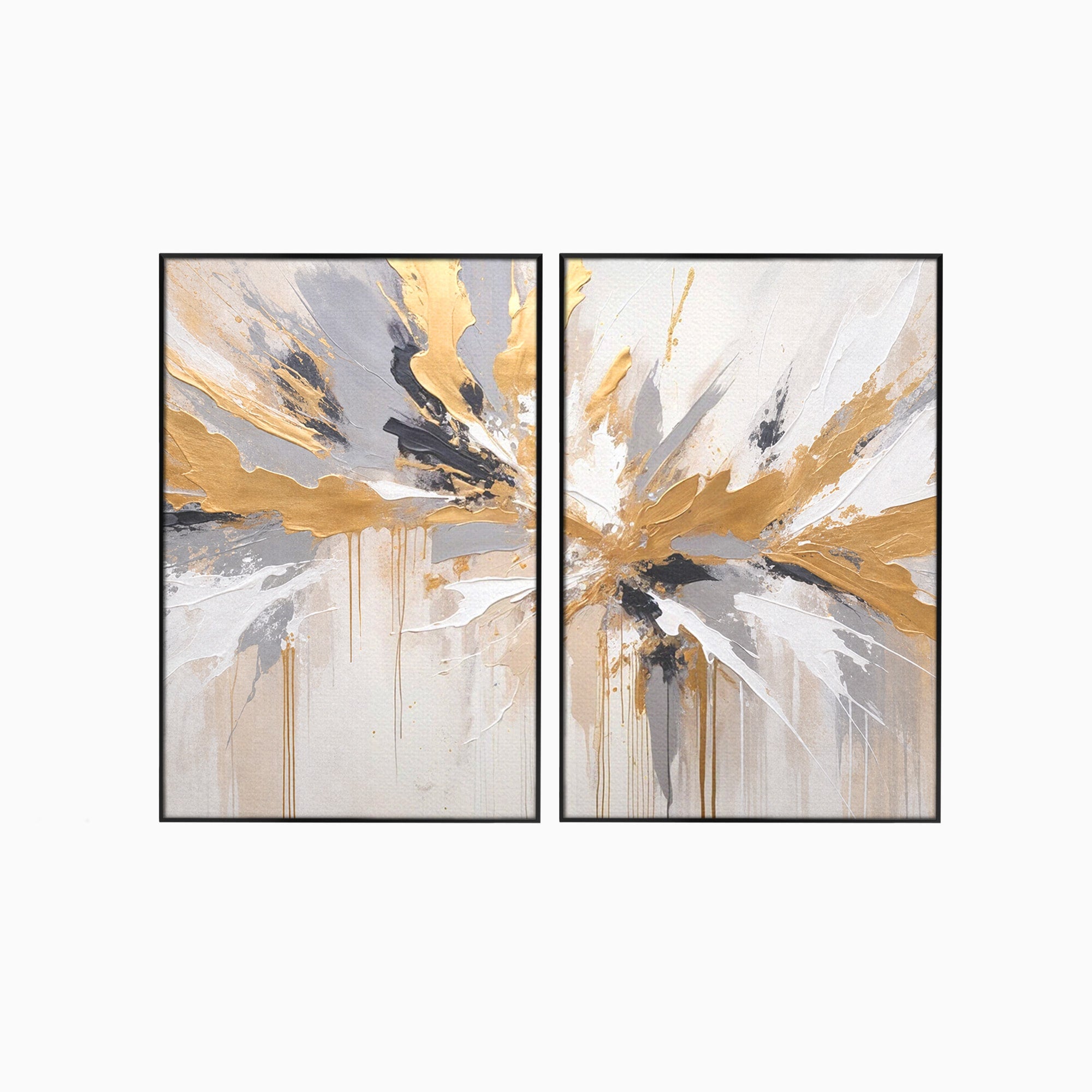 Set 2 Tablouri Canvas Premium LuxCanva® PI2-1378, Explozie Aurie Abstracta, Gri, Modern, Auriu, Culori Vibrante, Living, Dormitor, Salon