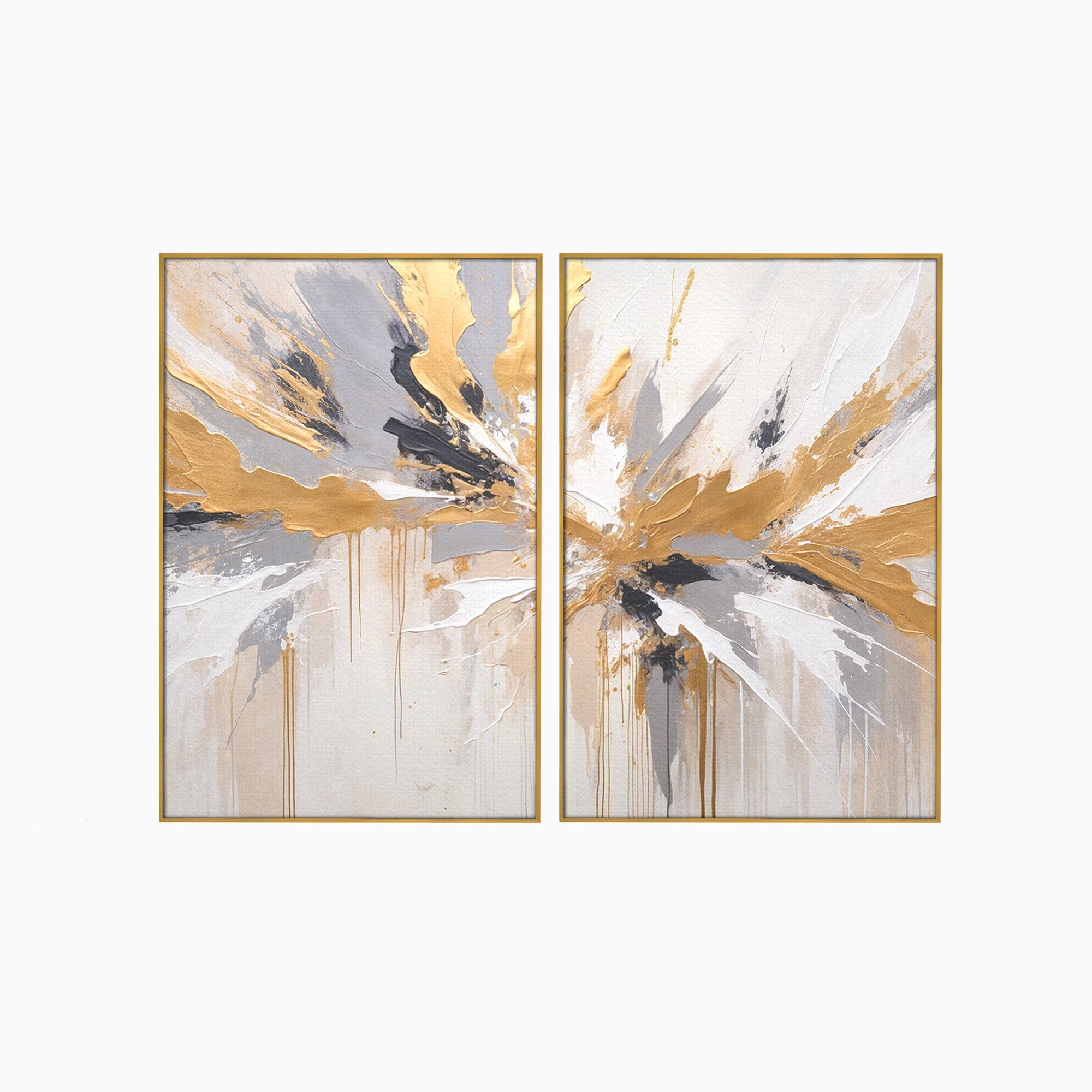 Set 2 Tablouri Canvas Premium LuxCanva® PI2-1378, Explozie Aurie Abstracta, Gri, Modern, Auriu, Culori Vibrante, Living, Dormitor, Salon