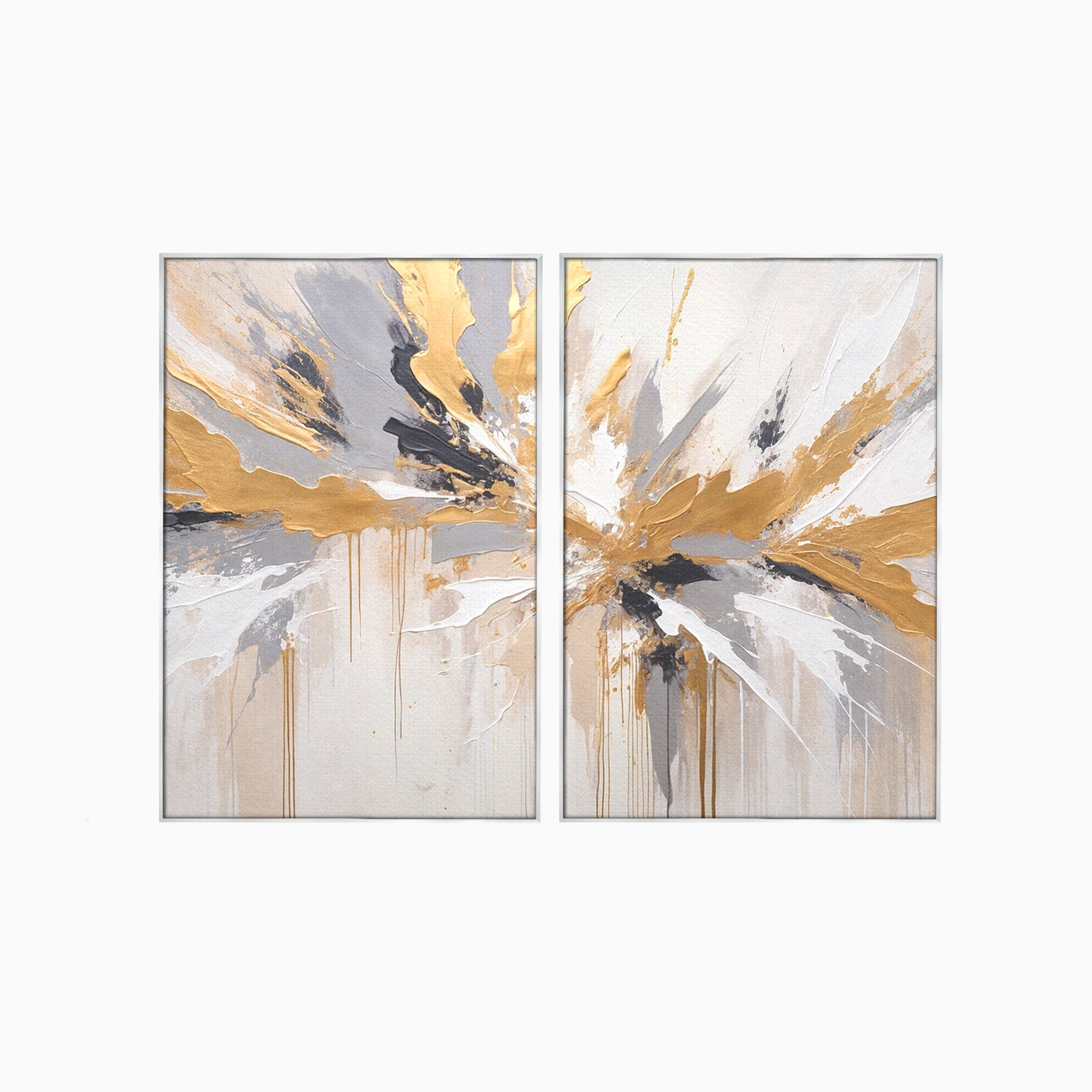 Set 2 Tablouri Canvas Premium LuxCanva® PI2-1378, Explozie Aurie Abstracta, Gri, Modern, Auriu, Culori Vibrante, Living, Dormitor, Salon