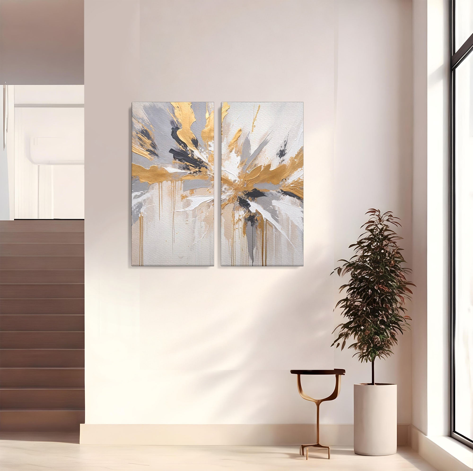 Set 2 Tablouri Canvas Premium LuxCanva® PI2-1378, Explozie Aurie Abstracta, Gri, Modern, Auriu, Culori Vibrante, Living, Dormitor, Salon