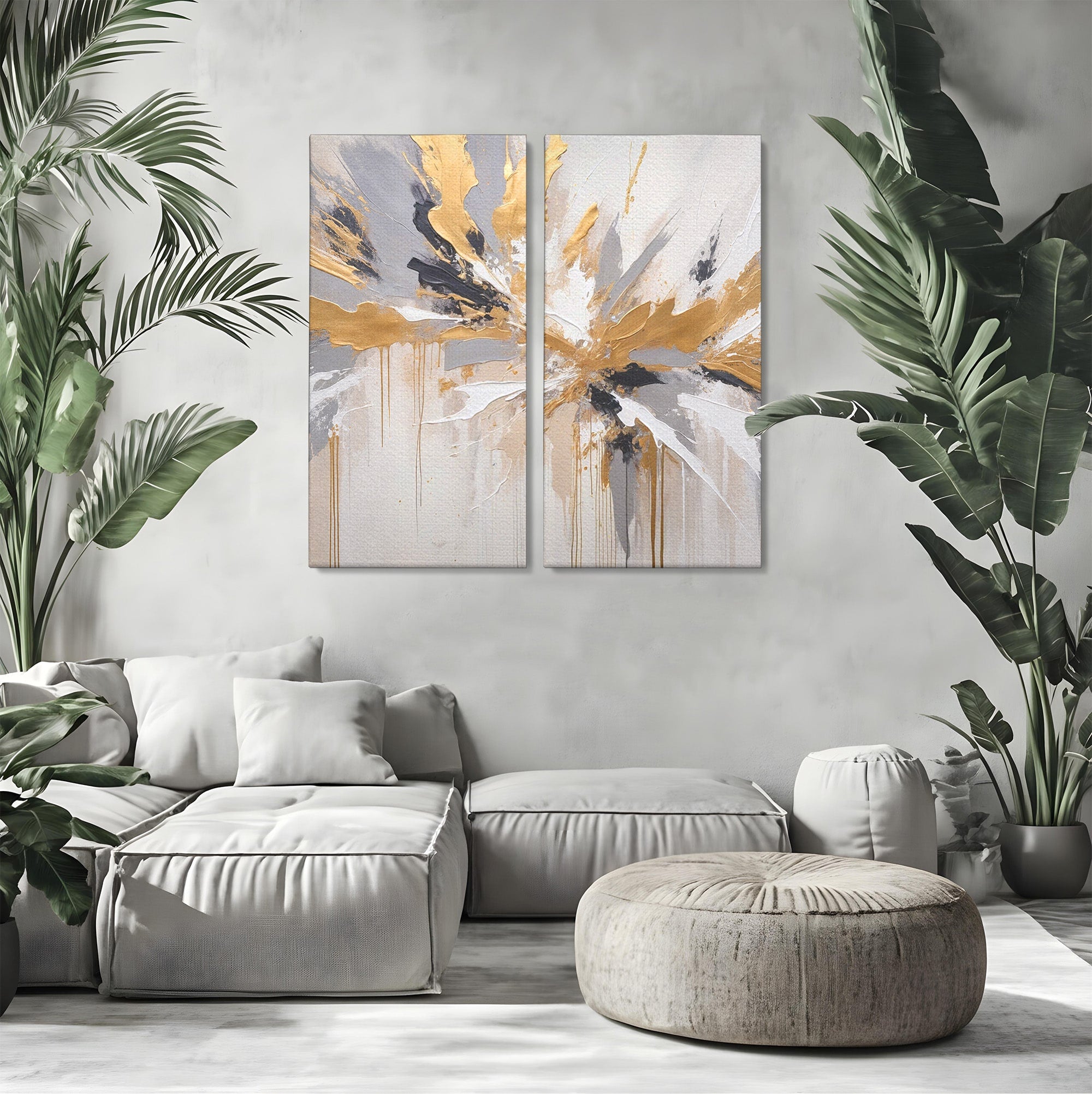 Set 2 Tablouri Canvas Premium LuxCanva® PI2-1378, Explozie Aurie Abstracta, Gri, Modern, Auriu, Culori Vibrante, Living, Dormitor, Salon