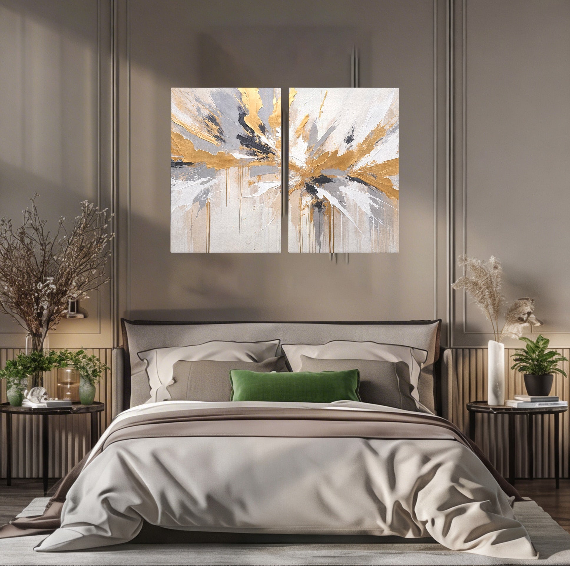 Set 2 Tablouri Canvas Premium LuxCanva® PI2-1378, Explozie Aurie Abstracta, Gri, Modern, Auriu, Culori Vibrante, Living, Dormitor, Salon