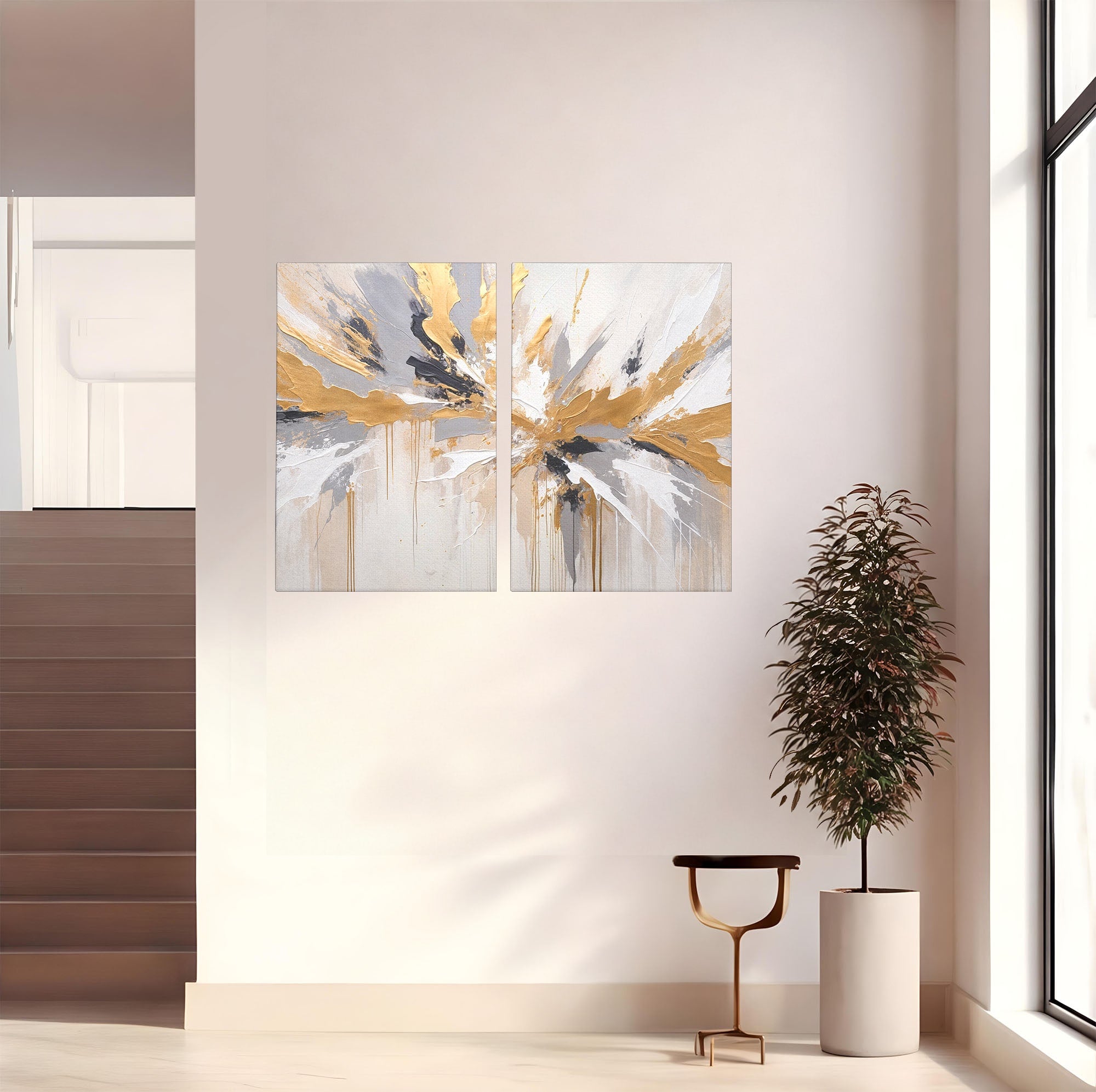 Set 2 Tablouri Canvas Premium LuxCanva® PI2-1378, Explozie Aurie Abstracta, Gri, Modern, Auriu, Culori Vibrante, Living, Dormitor, Salon