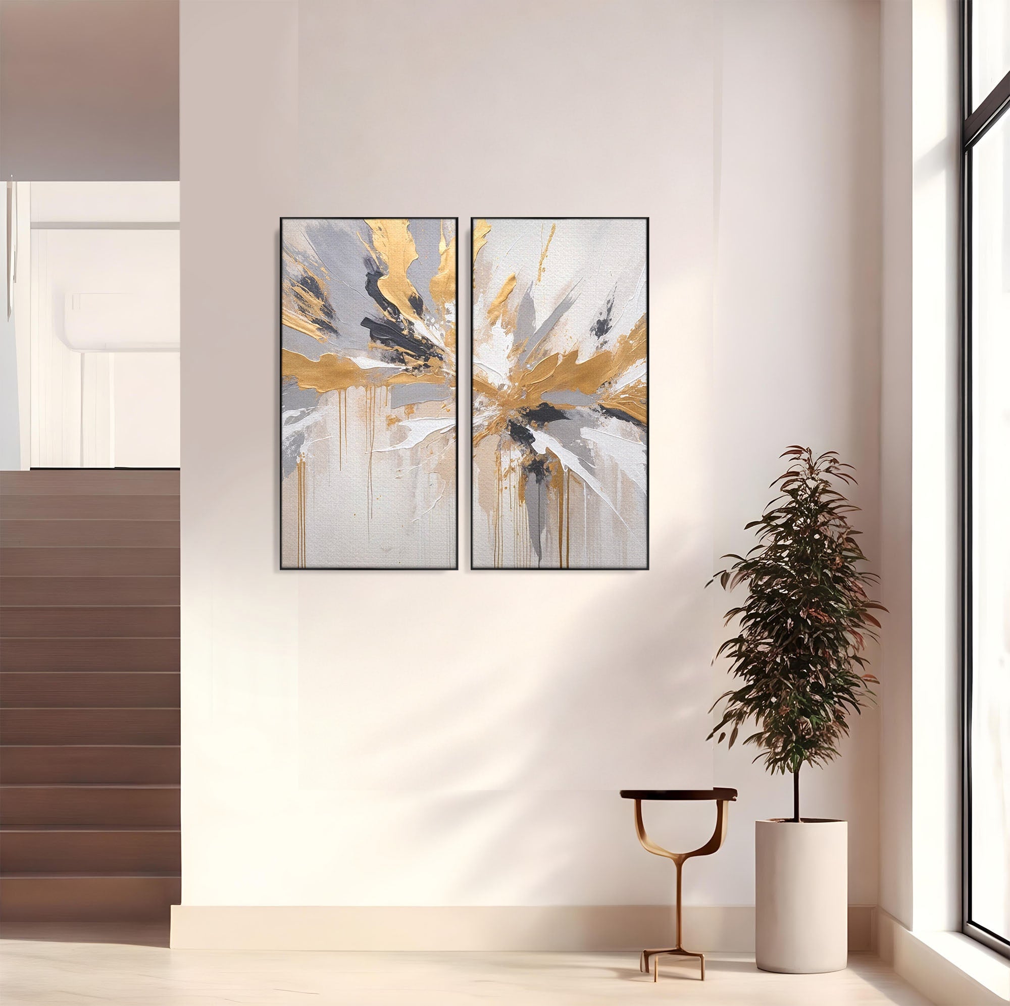 Set 2 Tablouri Canvas Premium LuxCanva® PI2-1378, Explozie Aurie Abstracta, Gri, Modern, Auriu, Culori Vibrante, Living, Dormitor, Salon