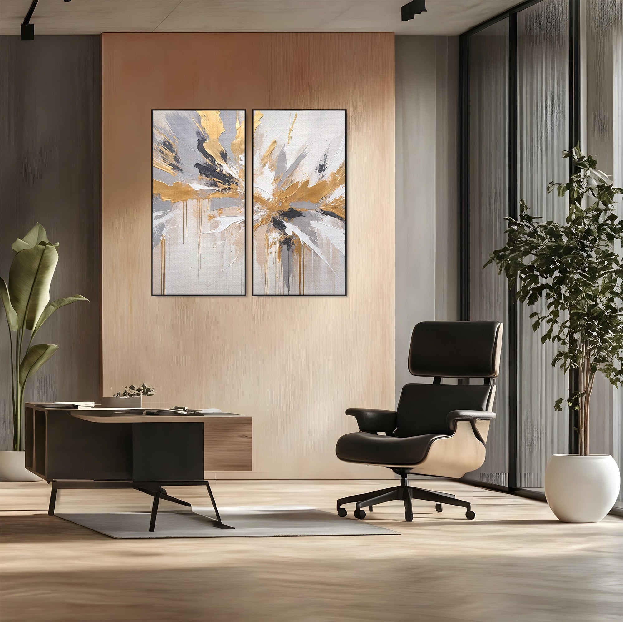 Set 2 Tablouri Canvas Premium LuxCanva® PI2-1378, Explozie Aurie Abstracta, Gri, Modern, Auriu, Culori Vibrante, Living, Dormitor, Salon