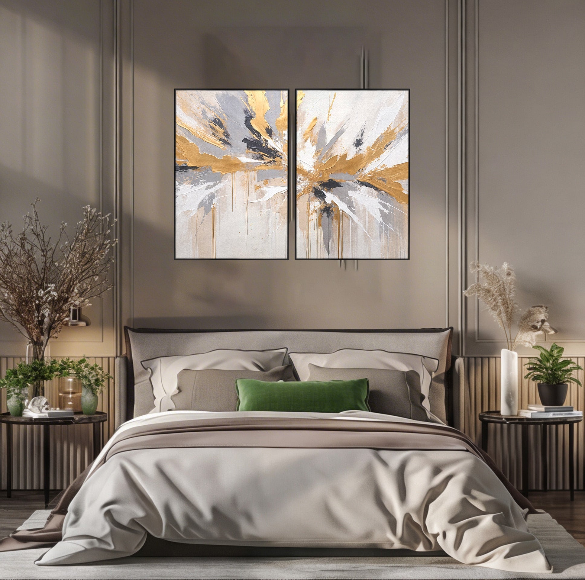 Set 2 Tablouri Canvas Premium LuxCanva® PI2-1378, Explozie Aurie Abstracta, Gri, Modern, Auriu, Culori Vibrante, Living, Dormitor, Salon