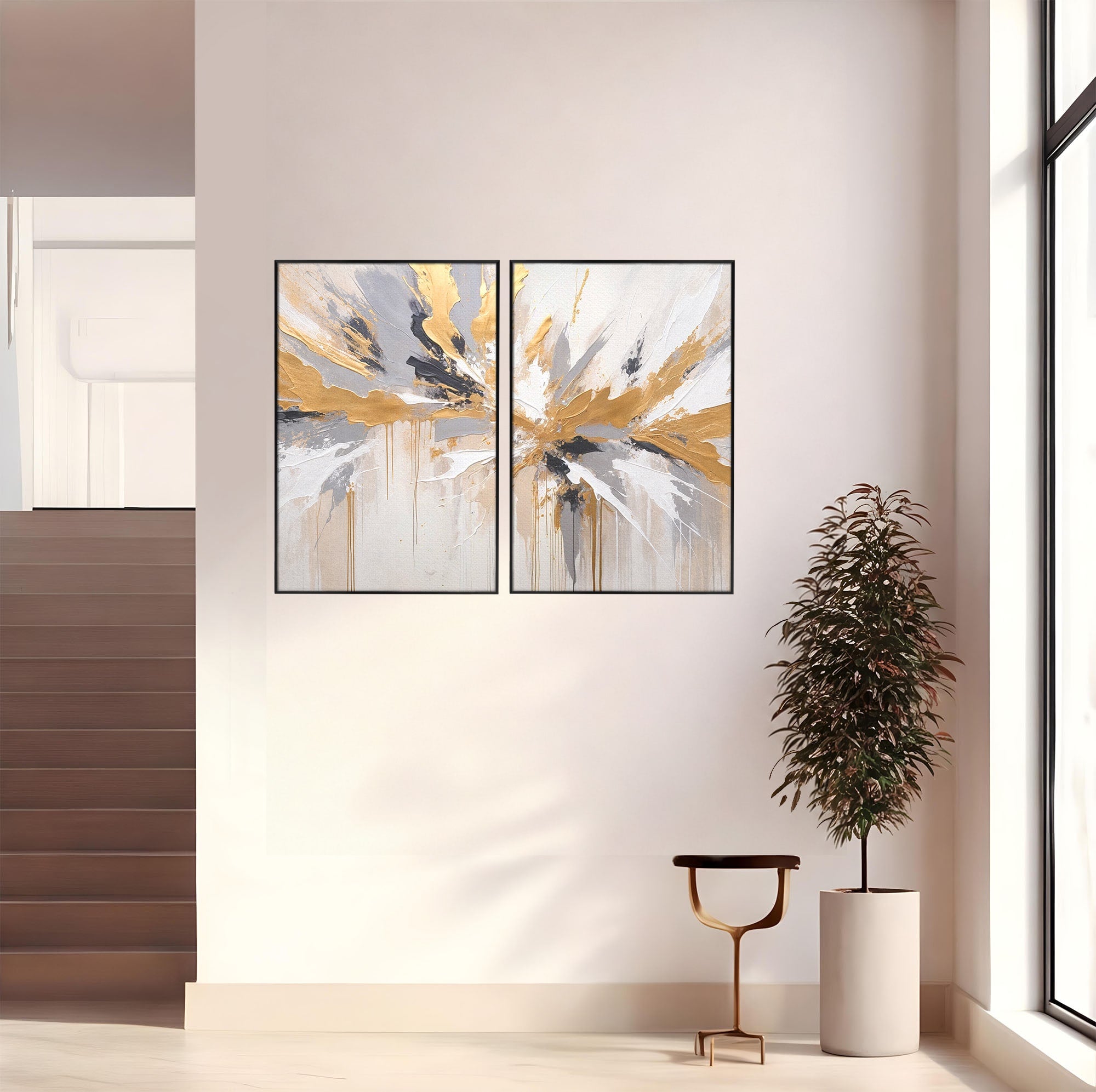 Set 2 Tablouri Canvas Premium LuxCanva® PI2-1378, Explozie Aurie Abstracta, Gri, Modern, Auriu, Culori Vibrante, Living, Dormitor, Salon