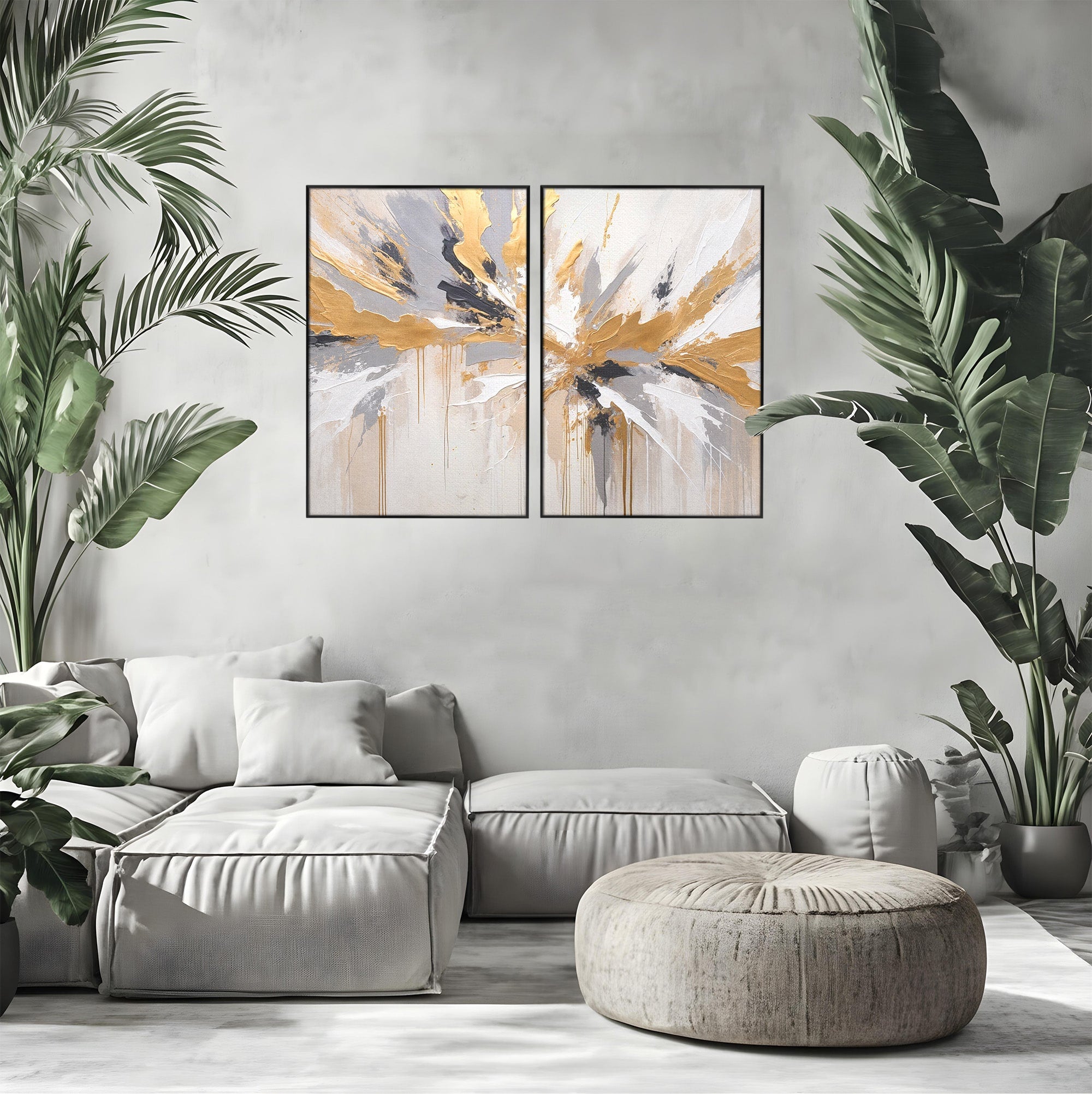 Set 2 Tablouri Canvas Premium LuxCanva® PI2-1378, Explozie Aurie Abstracta, Gri, Modern, Auriu, Culori Vibrante, Living, Dormitor, Salon