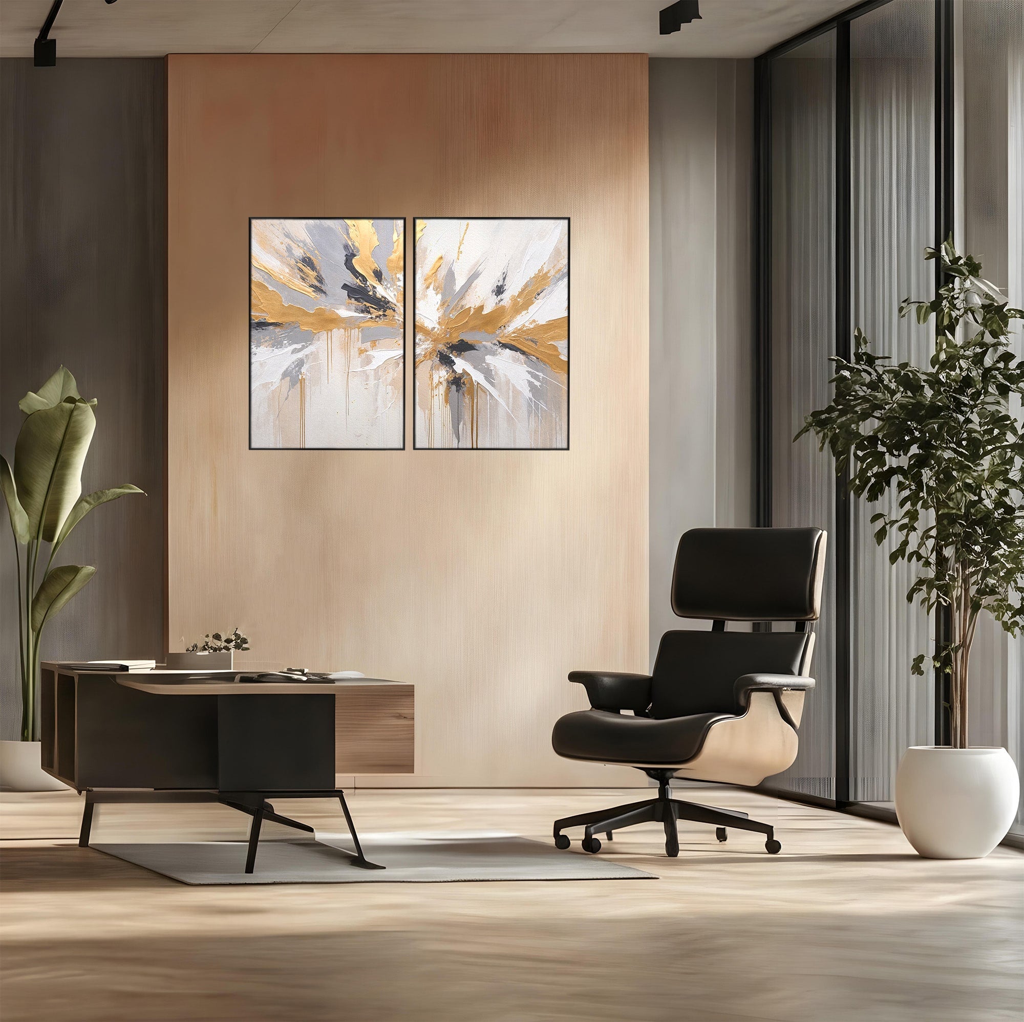 Set 2 Tablouri Canvas Premium LuxCanva® PI2-1378, Explozie Aurie Abstracta, Gri, Modern, Auriu, Culori Vibrante, Living, Dormitor, Salon