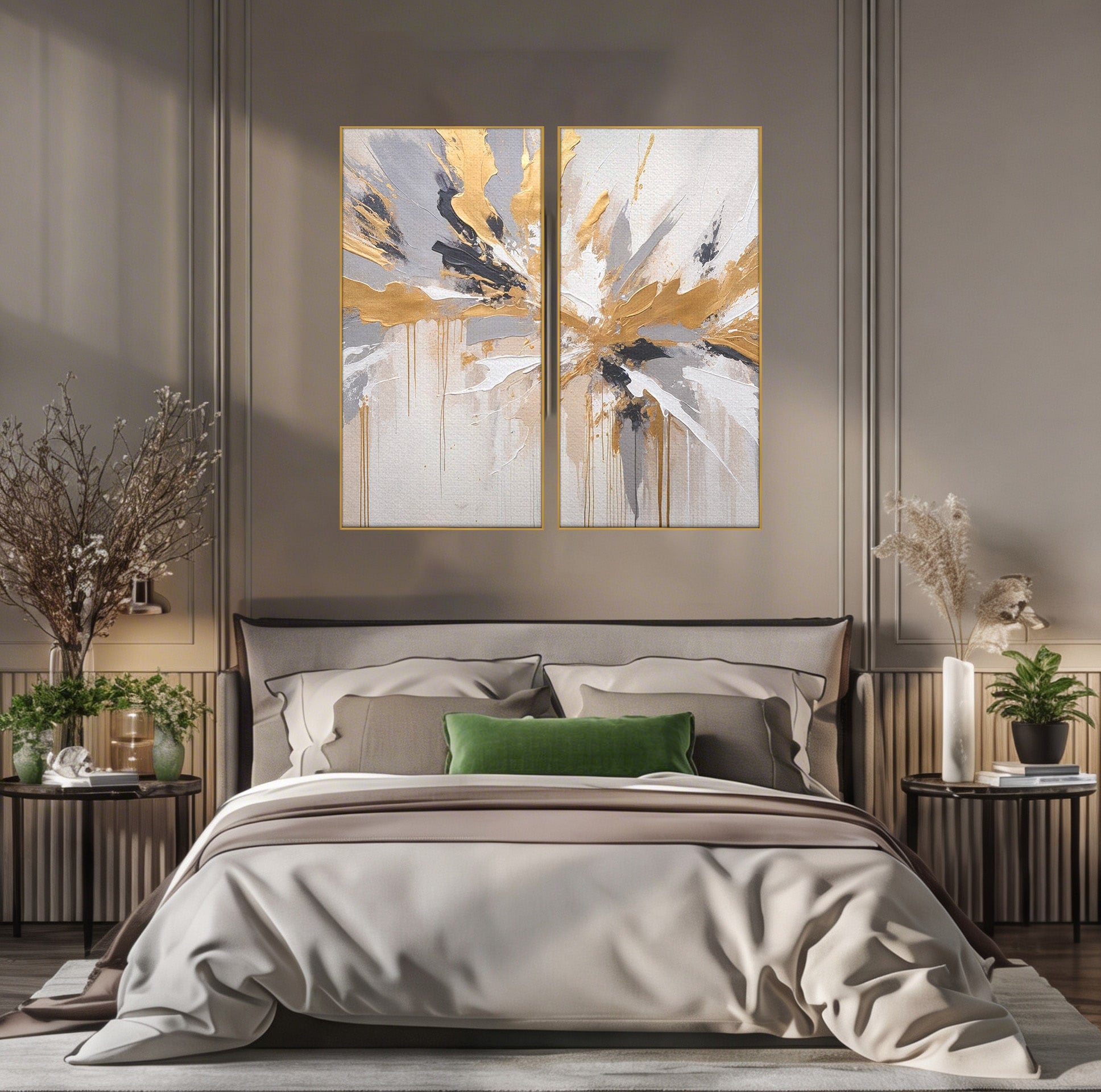 Set 2 Tablouri Canvas Premium LuxCanva® PI2-1378, Explozie Aurie Abstracta, Gri, Modern, Auriu, Culori Vibrante, Living, Dormitor, Salon