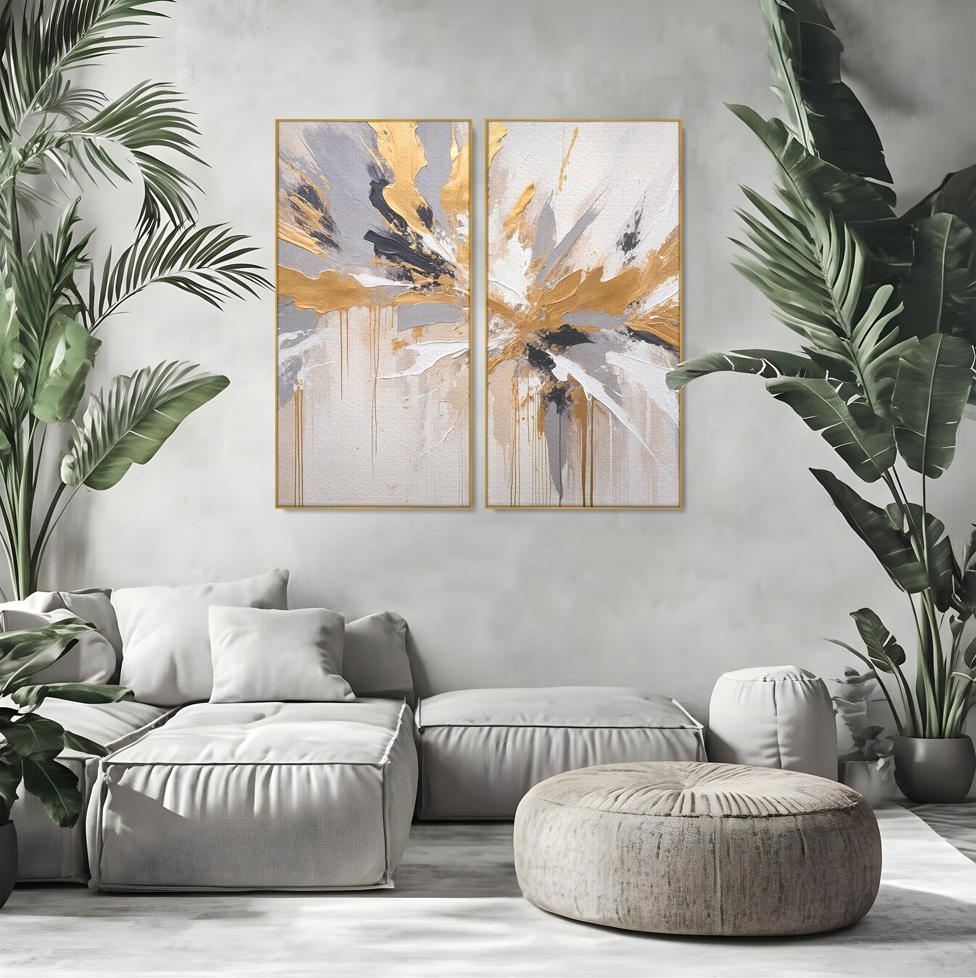 Set 2 Tablouri Canvas Premium LuxCanva® PI2-1378, Explozie Aurie Abstracta, Gri, Modern, Auriu, Culori Vibrante, Living, Dormitor, Salon