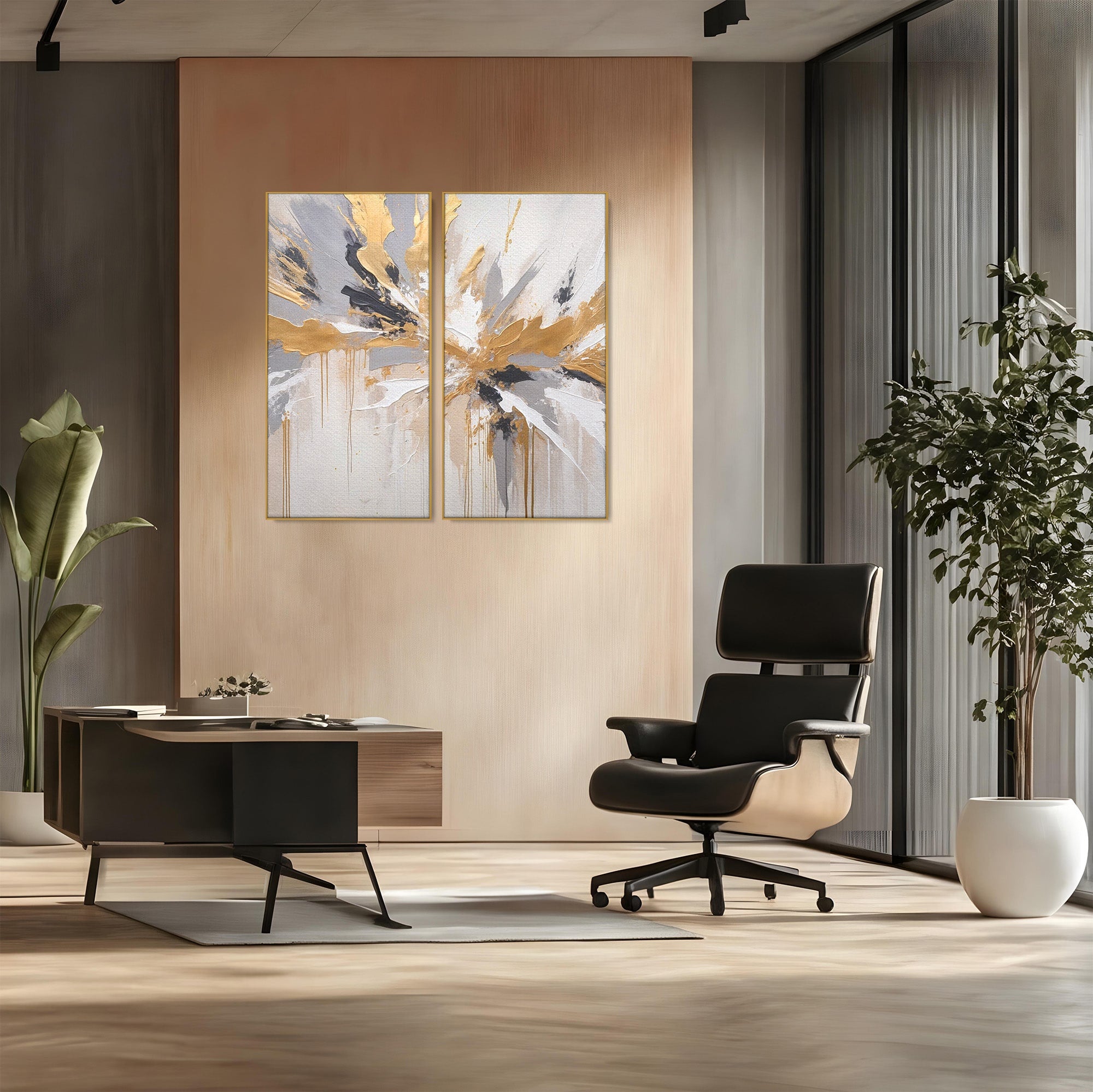Set 2 Tablouri Canvas Premium LuxCanva® PI2-1378, Explozie Aurie Abstracta, Gri, Modern, Auriu, Culori Vibrante, Living, Dormitor, Salon