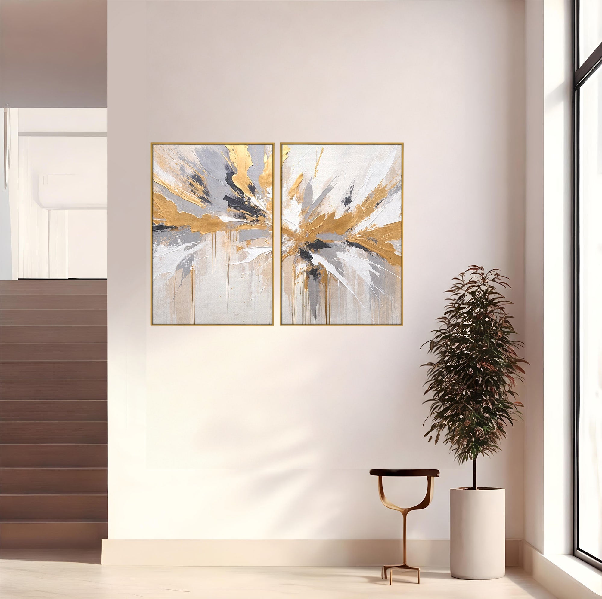 Set 2 Tablouri Canvas Premium LuxCanva® PI2-1378, Explozie Aurie Abstracta, Gri, Modern, Auriu, Culori Vibrante, Living, Dormitor, Salon