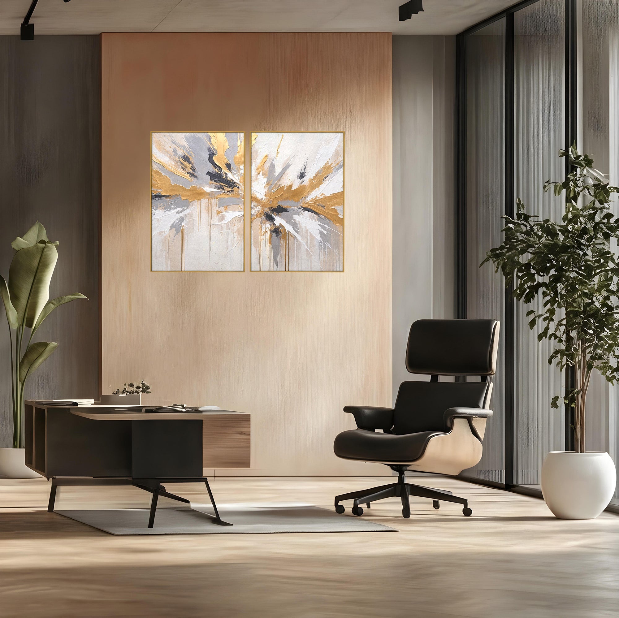 Set 2 Tablouri Canvas Premium LuxCanva® PI2-1378, Explozie Aurie Abstracta, Gri, Modern, Auriu, Culori Vibrante, Living, Dormitor, Salon
