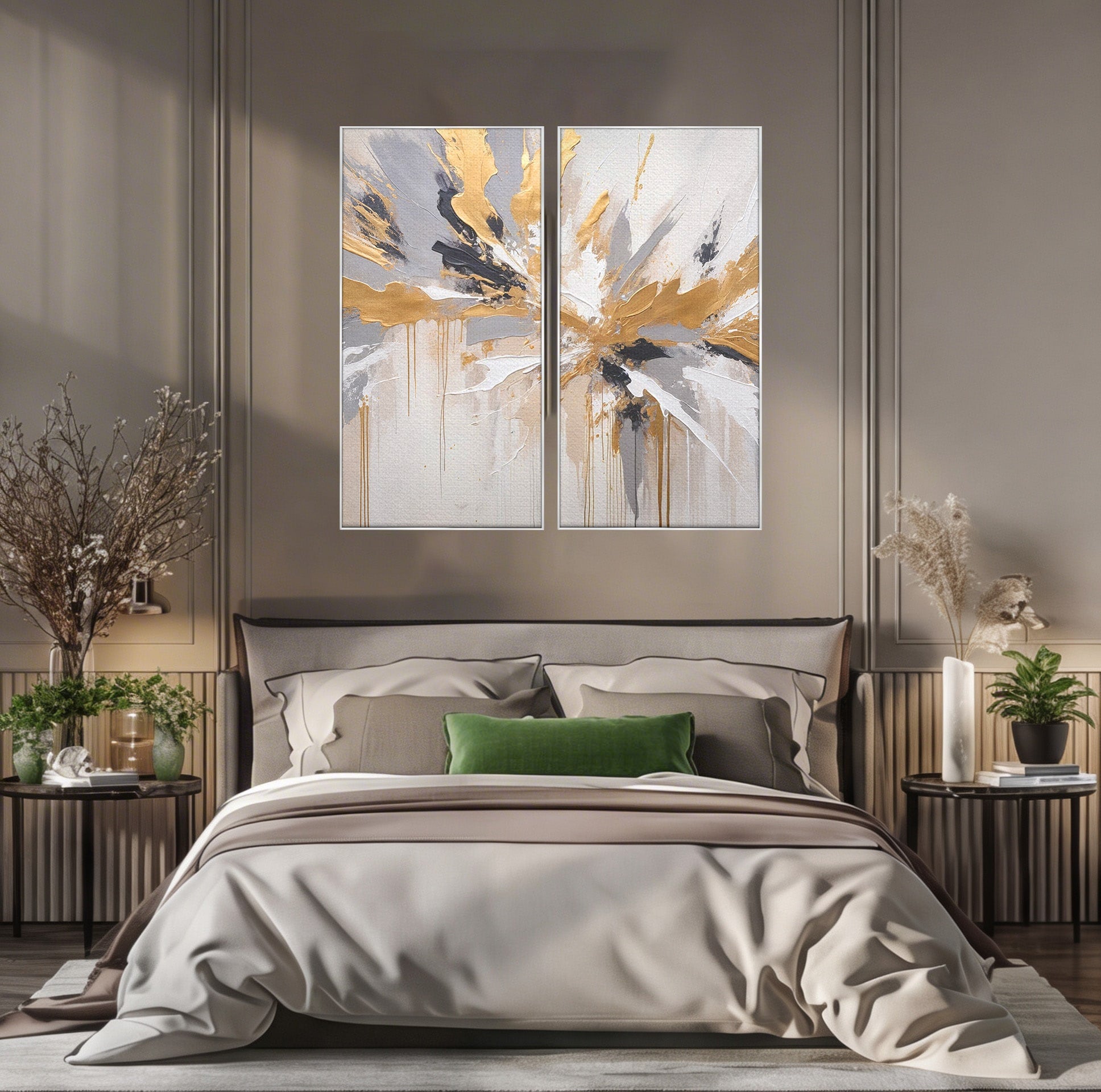 Set 2 Tablouri Canvas Premium LuxCanva® PI2-1378, Explozie Aurie Abstracta, Gri, Modern, Auriu, Culori Vibrante, Living, Dormitor, Salon
