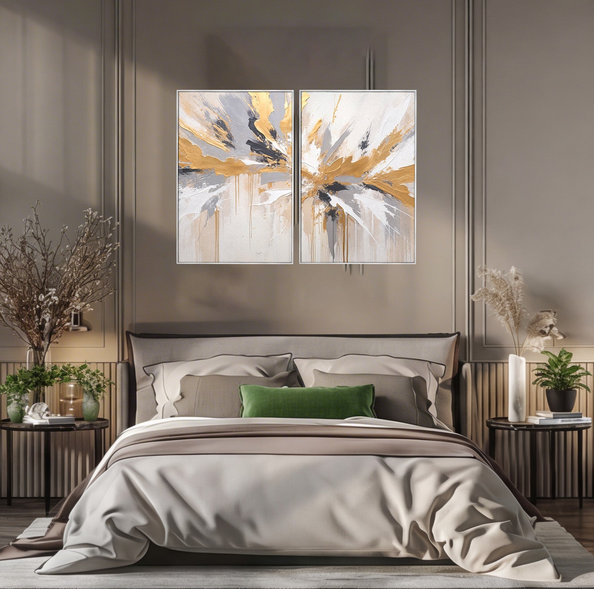Set 2 Tablouri Canvas Premium LuxCanva® PI2-1378, Explozie Aurie Abstracta, Gri, Modern, Auriu, Culori Vibrante, Living, Dormitor, Salon
