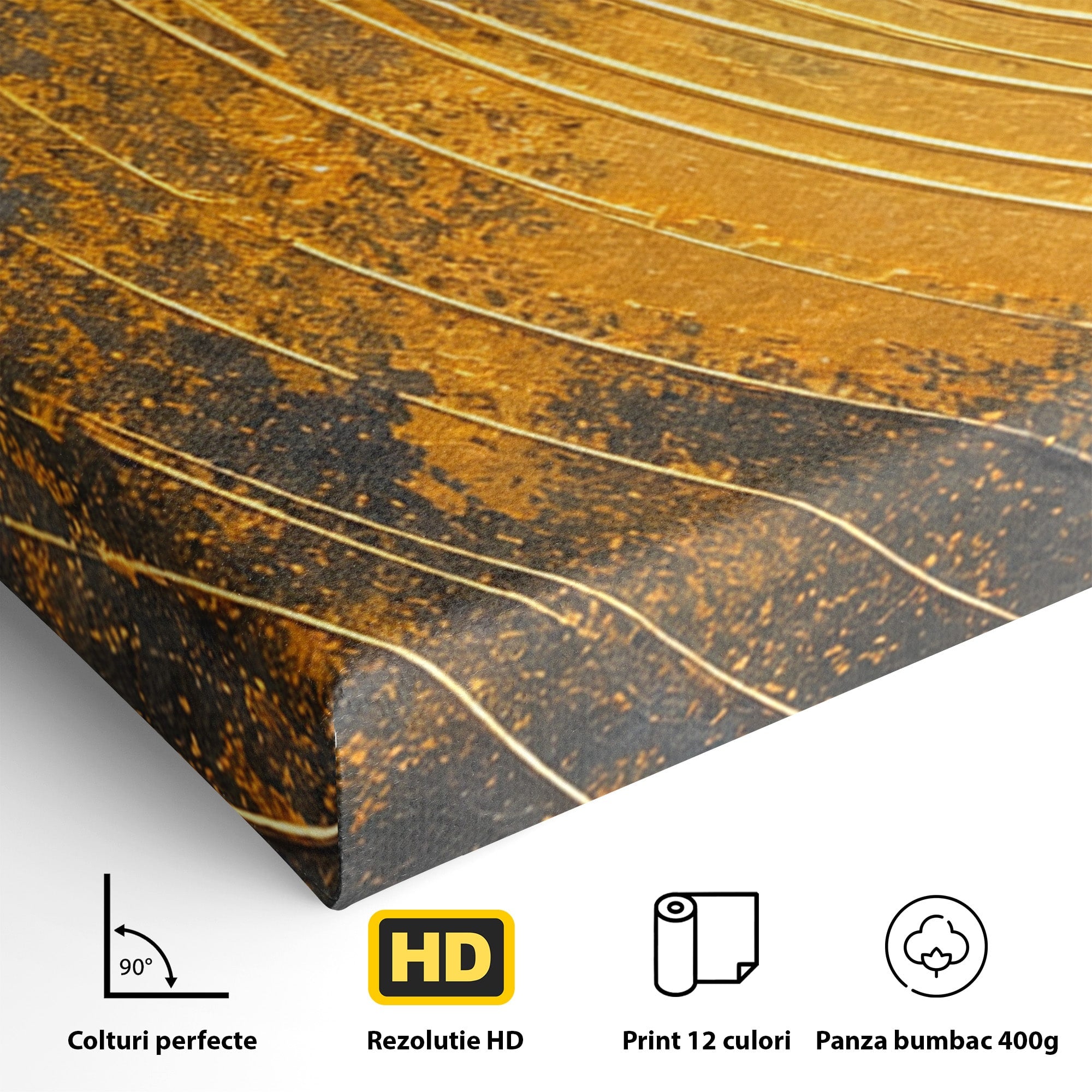 Set 3 Tablouri Canvas Premium LuxCanva® PI3-1177, Vortexul Auriu, Abstract, Spirala, Eclipsa, Negru, Living, Culori Vibrante