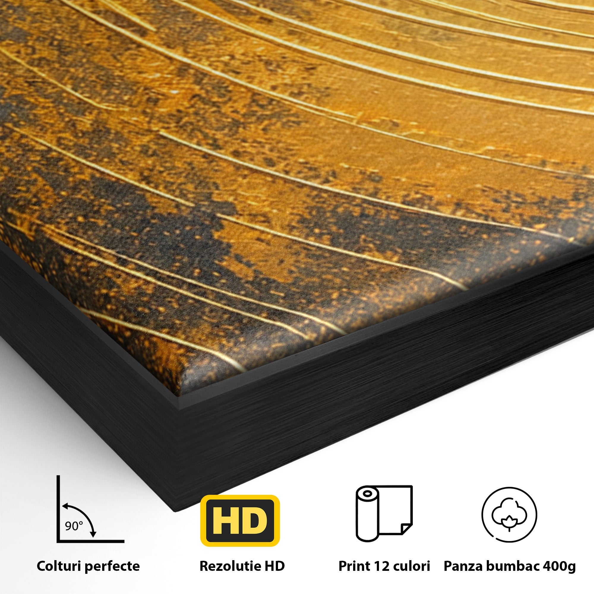 Set 3 Tablouri Canvas Premium LuxCanva® PI3-1177, Vortexul Auriu, Abstract, Spirala, Eclipsa, Negru, Living, Culori Vibrante