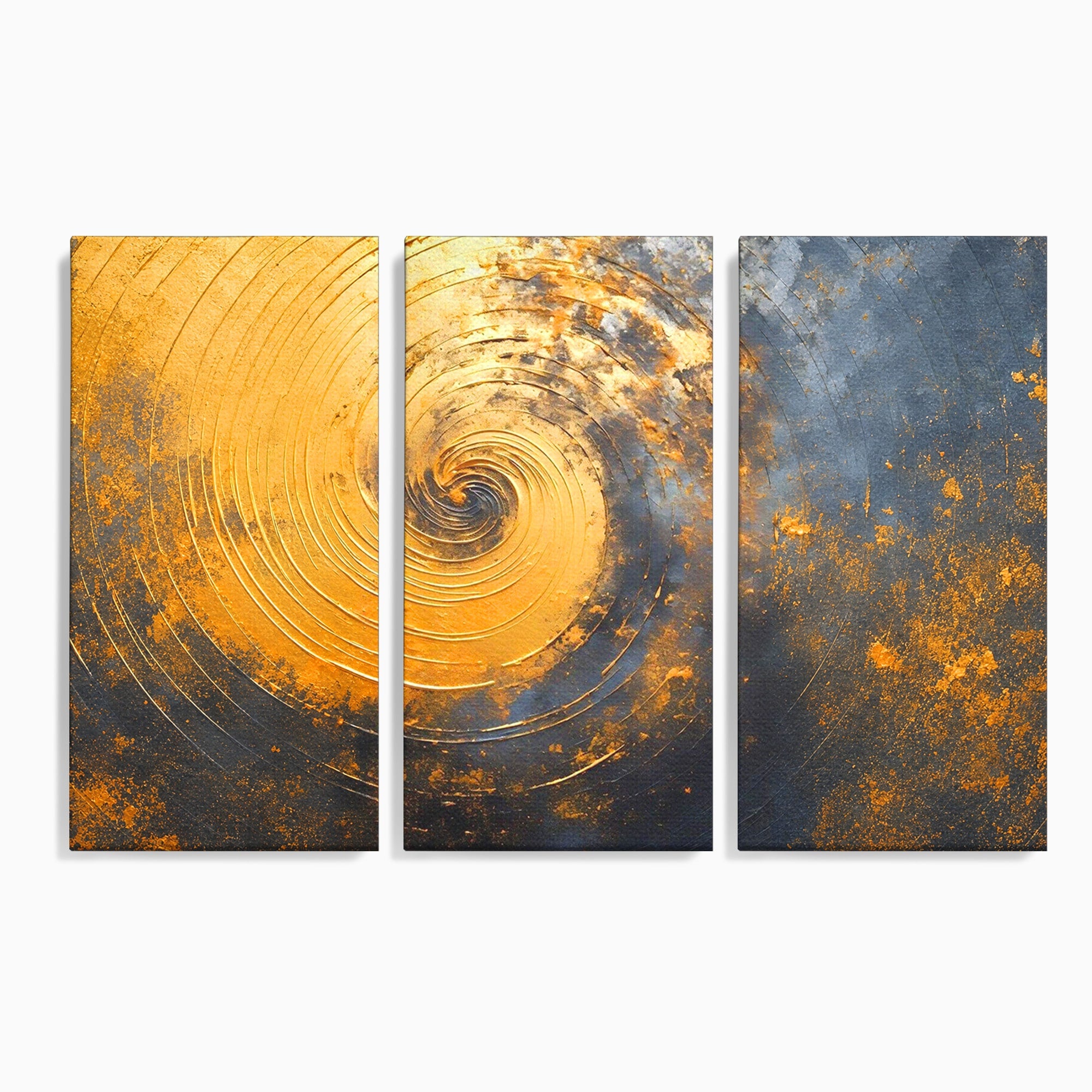 Set 3 Tablouri Canvas Premium LuxCanva® PI3-1177, Vortexul Auriu, Abstract, Spirala, Eclipsa, Negru, Living, Culori Vibrante