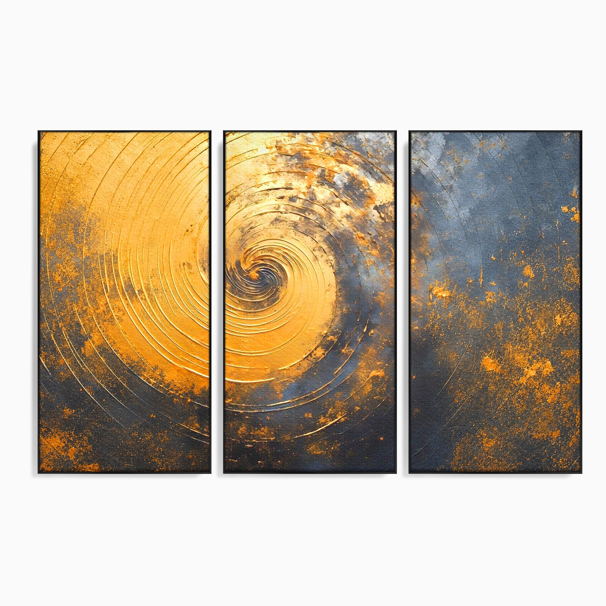 Set 3 Tablouri Canvas Premium LuxCanva® PI3-1177, Vortexul Auriu, Abstract, Spirala, Eclipsa, Negru, Living, Culori Vibrante
