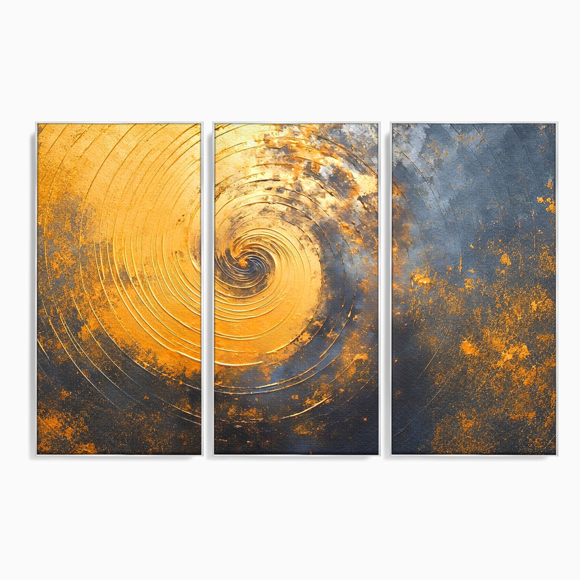 Set 3 Tablouri Canvas Premium LuxCanva® PI3-1177, Vortexul Auriu, Abstract, Spirala, Eclipsa, Negru, Living, Culori Vibrante