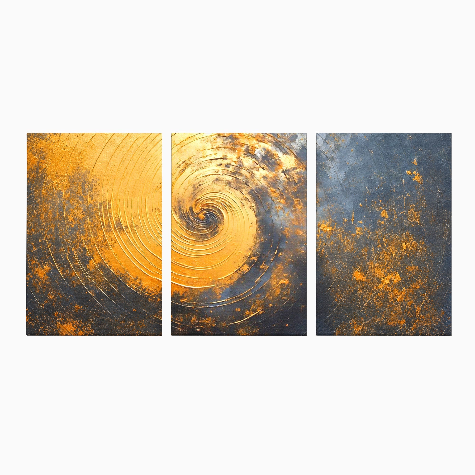 Set 3 Tablouri Canvas Premium LuxCanva® PI3-1177, Vortexul Auriu, Abstract, Spirala, Eclipsa, Negru, Living, Culori Vibrante