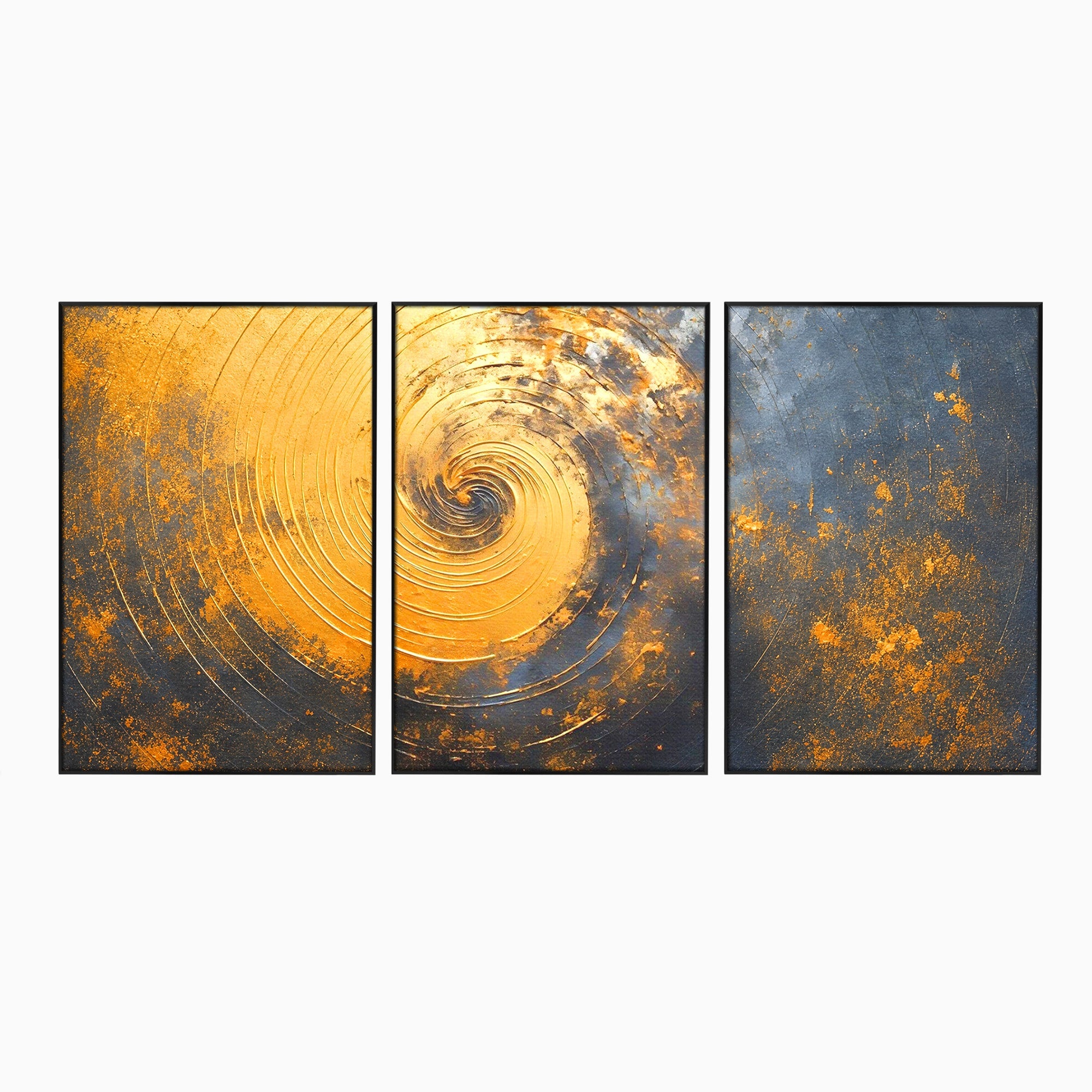 Set 3 Tablouri Canvas Premium LuxCanva® PI3-1177, Vortexul Auriu, Abstract, Spirala, Eclipsa, Negru, Living, Culori Vibrante