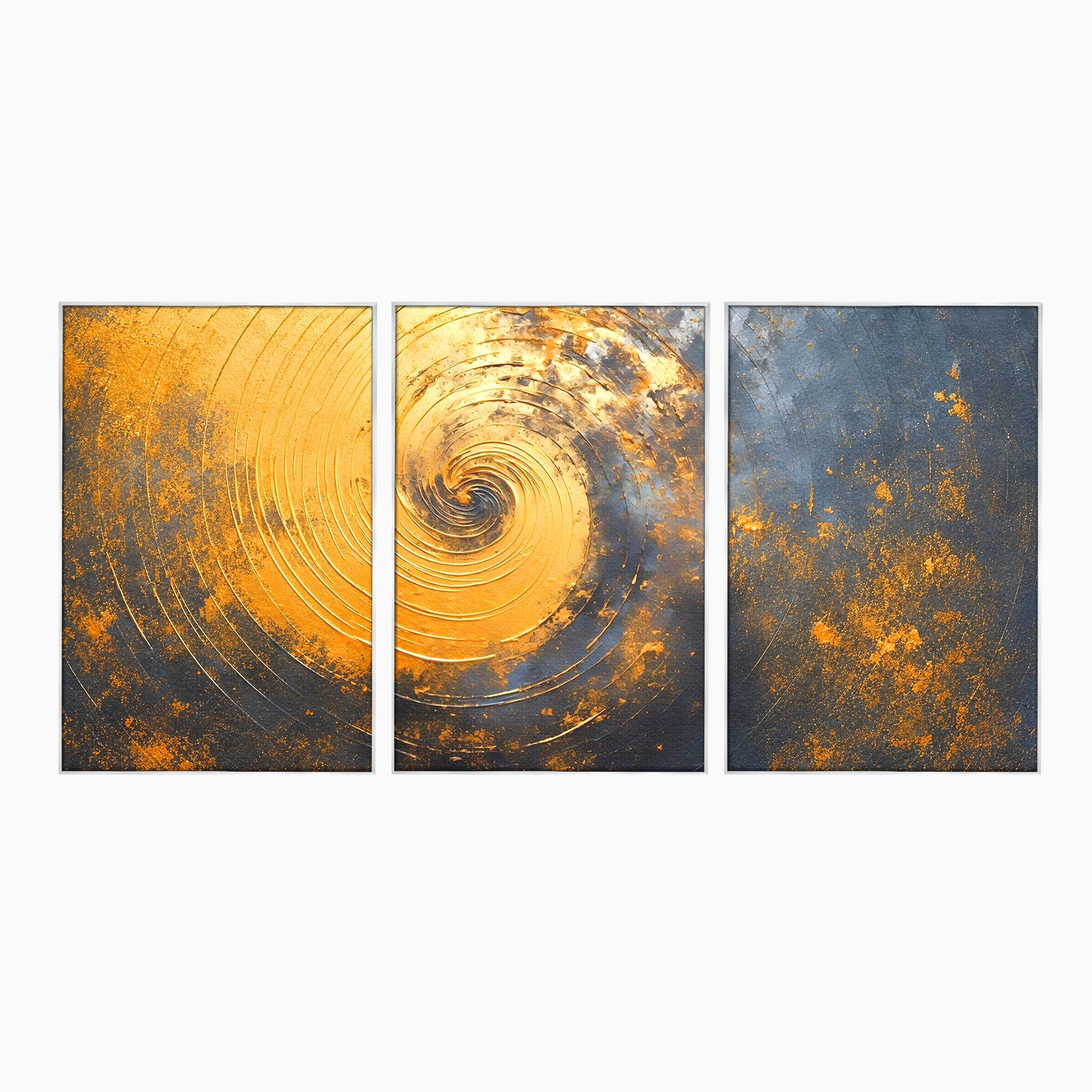 Set 3 Tablouri Canvas Premium LuxCanva® PI3-1177, Vortexul Auriu, Abstract, Spirala, Eclipsa, Negru, Living, Culori Vibrante