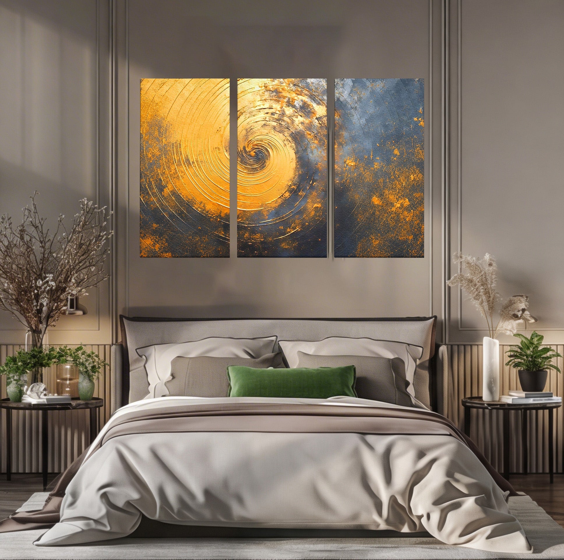 Set 3 Tablouri Canvas Premium LuxCanva® PI3-1177, Vortexul Auriu, Abstract, Spirala, Eclipsa, Negru, Living, Culori Vibrante