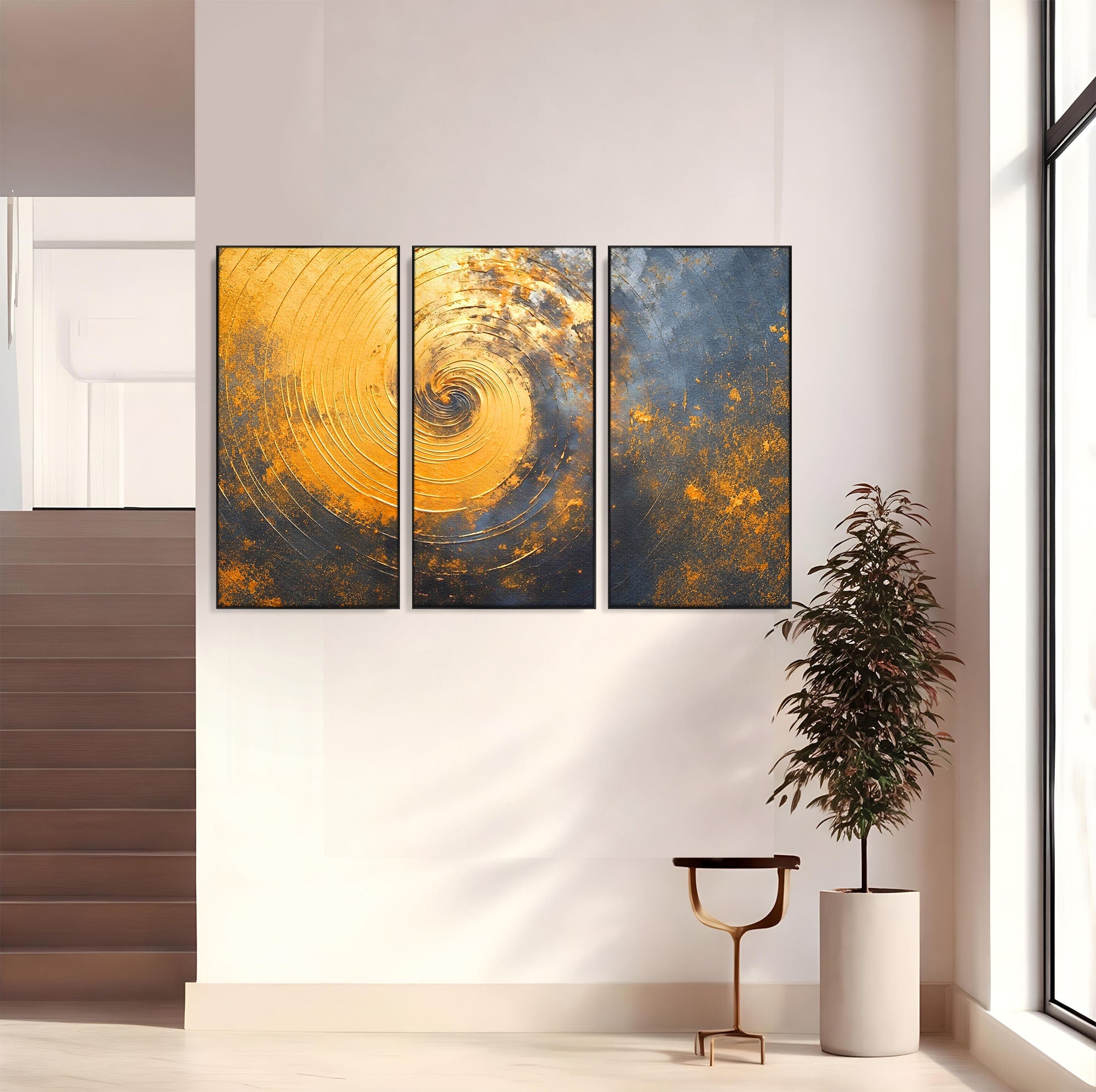 Set 3 Tablouri Canvas Premium LuxCanva® PI3-1177, Vortexul Auriu, Abstract, Spirala, Eclipsa, Negru, Living, Culori Vibrante