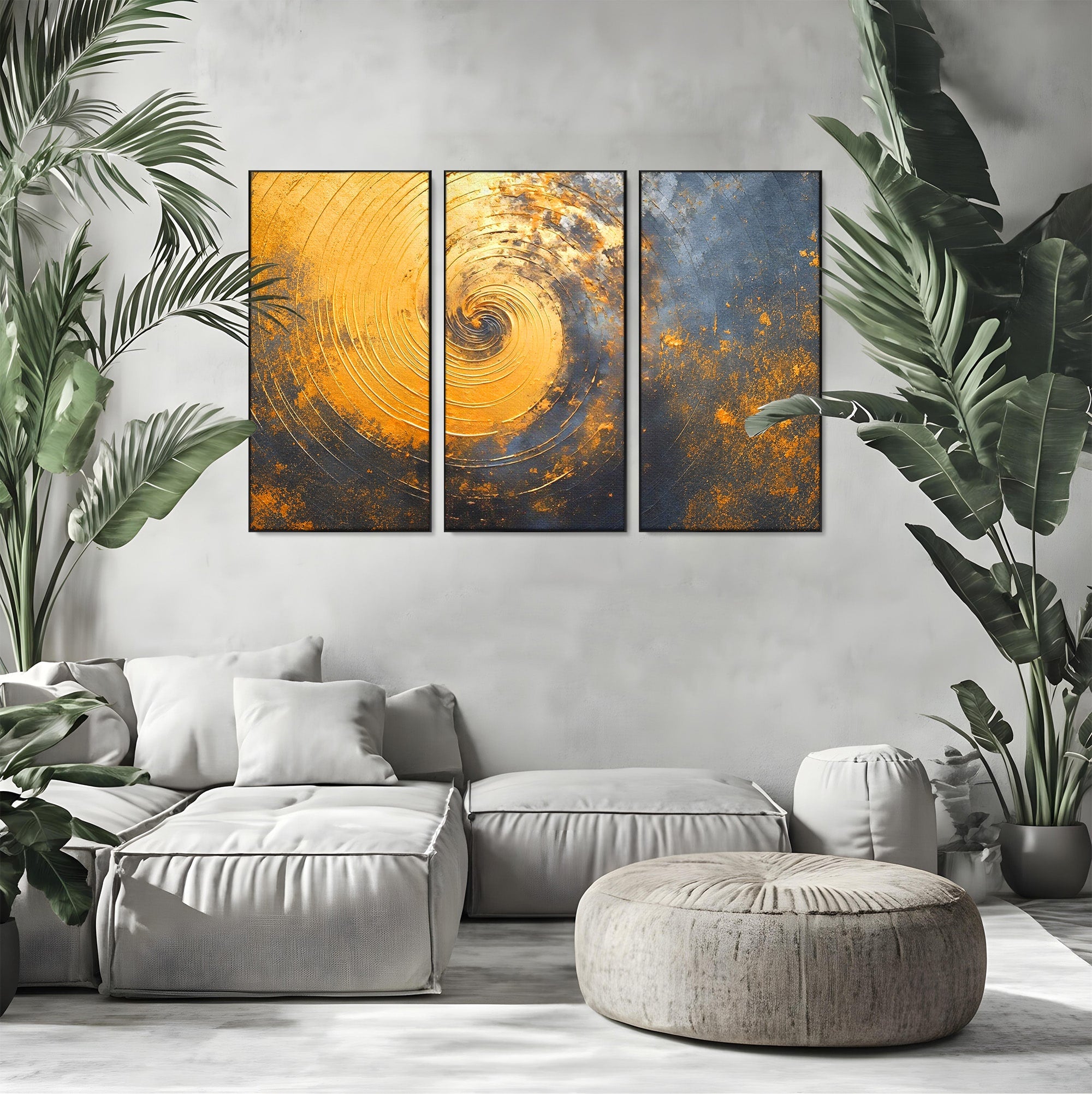 Set 3 Tablouri Canvas Premium LuxCanva® PI3-1177, Vortexul Auriu, Abstract, Spirala, Eclipsa, Negru, Living, Culori Vibrante