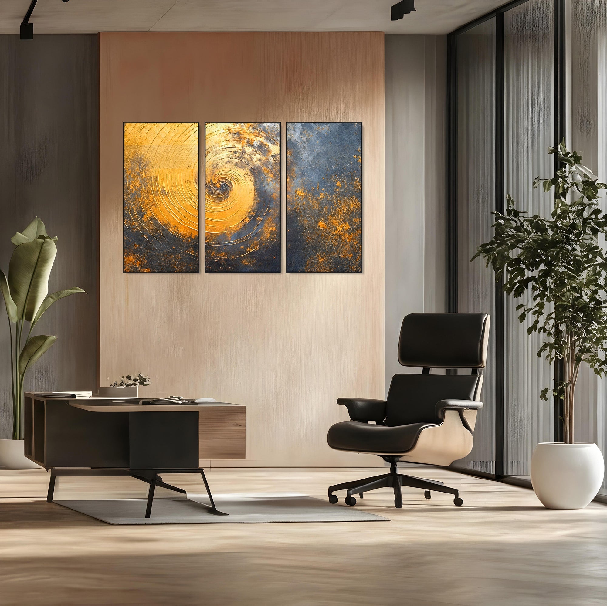Set 3 Tablouri Canvas Premium LuxCanva® PI3-1177, Vortexul Auriu, Abstract, Spirala, Eclipsa, Negru, Living, Culori Vibrante