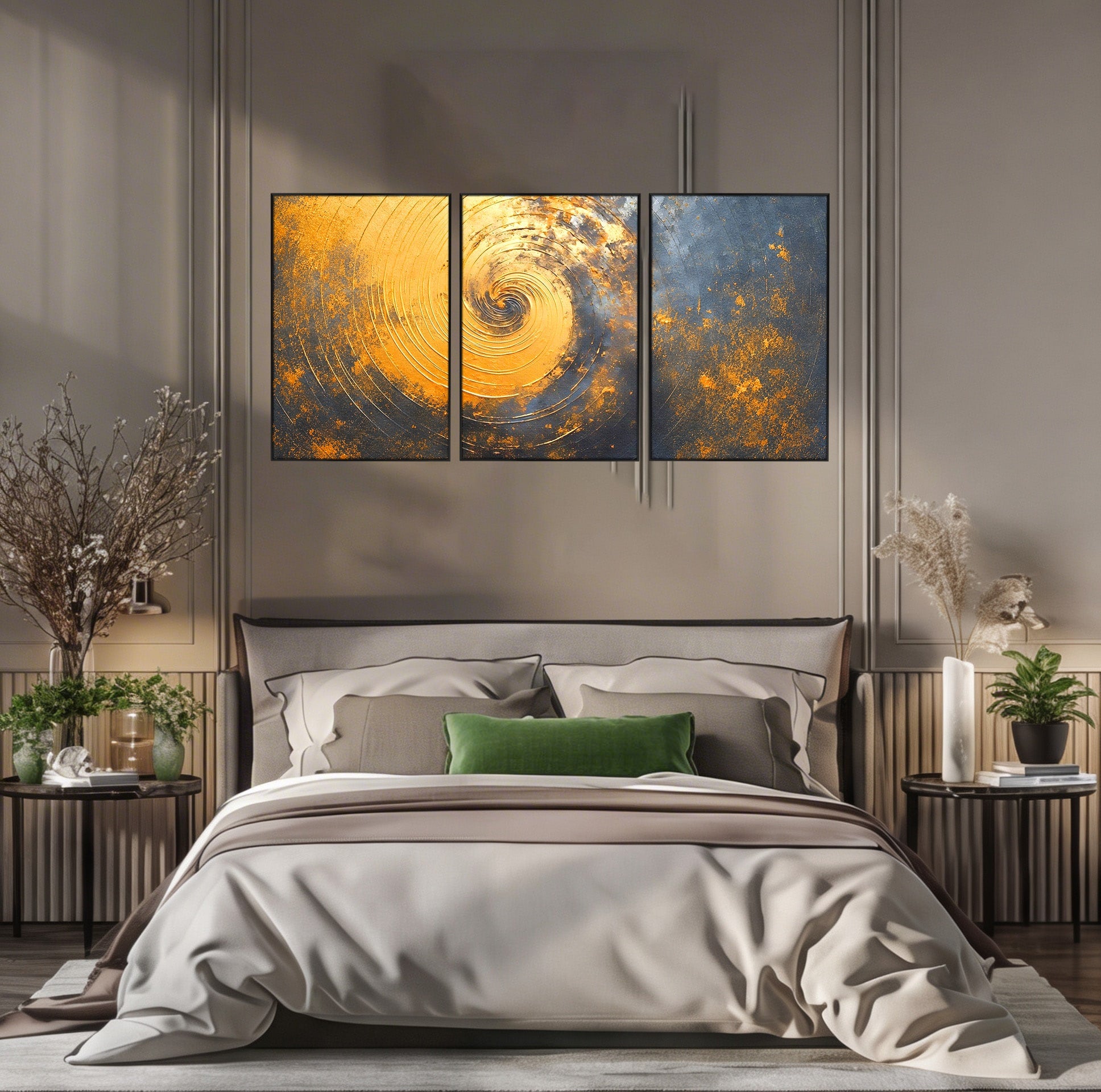 Set 3 Tablouri Canvas Premium LuxCanva® PI3-1177, Vortexul Auriu, Abstract, Spirala, Eclipsa, Negru, Living, Culori Vibrante