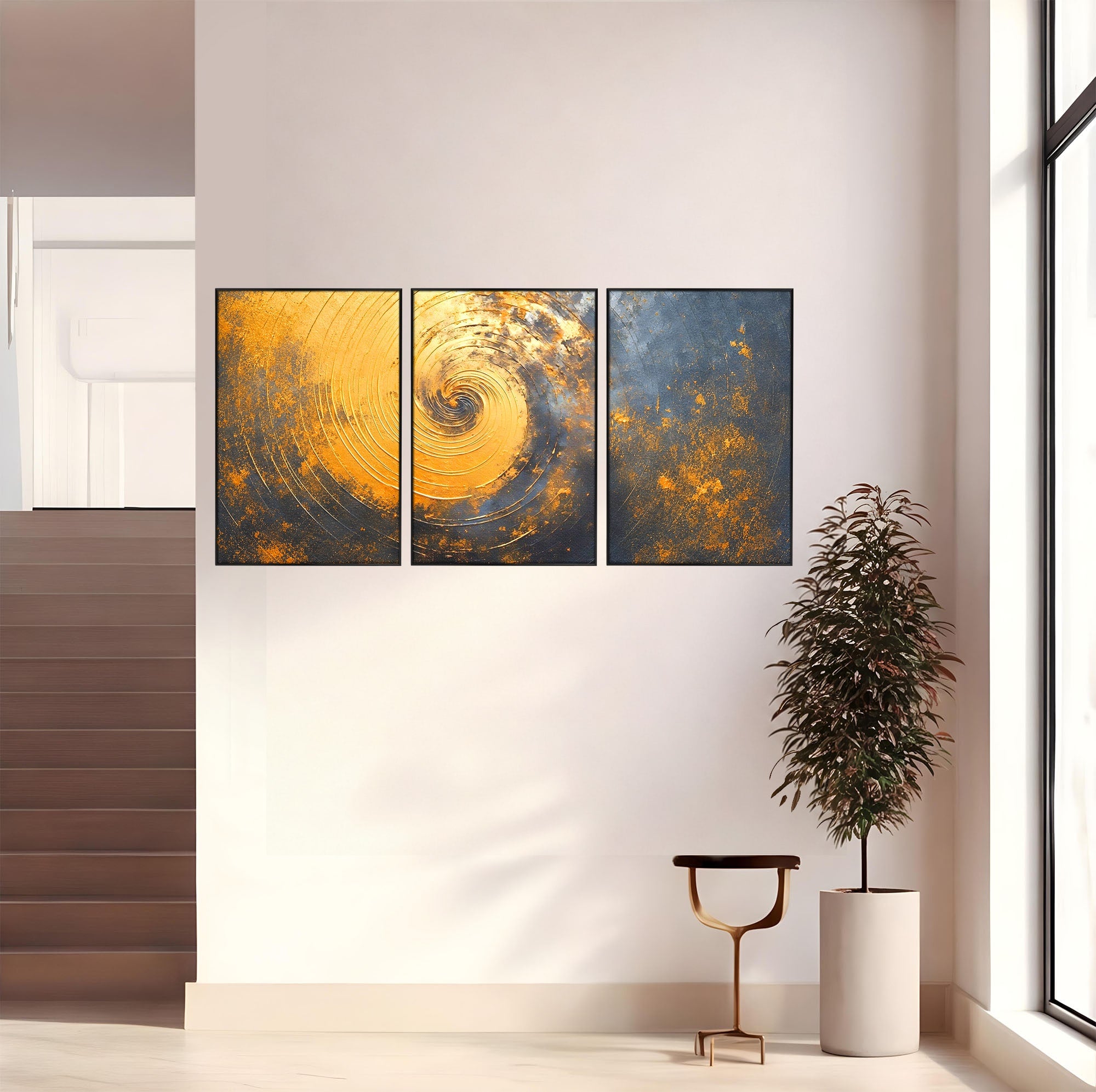 Set 3 Tablouri Canvas Premium LuxCanva® PI3-1177, Vortexul Auriu, Abstract, Spirala, Eclipsa, Negru, Living, Culori Vibrante