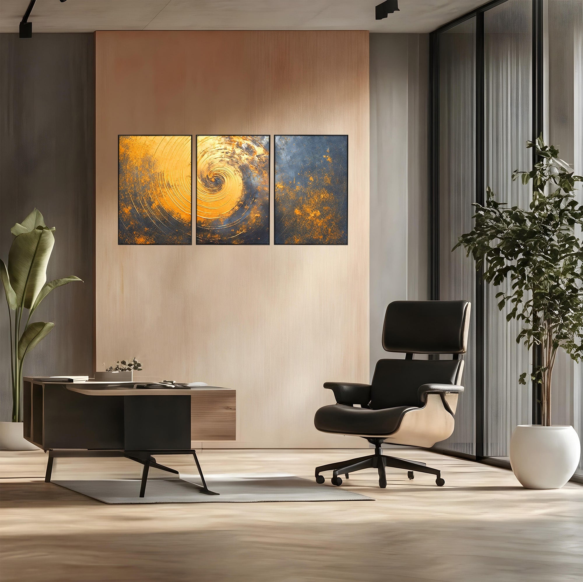 Set 3 Tablouri Canvas Premium LuxCanva® PI3-1177, Vortexul Auriu, Abstract, Spirala, Eclipsa, Negru, Living, Culori Vibrante