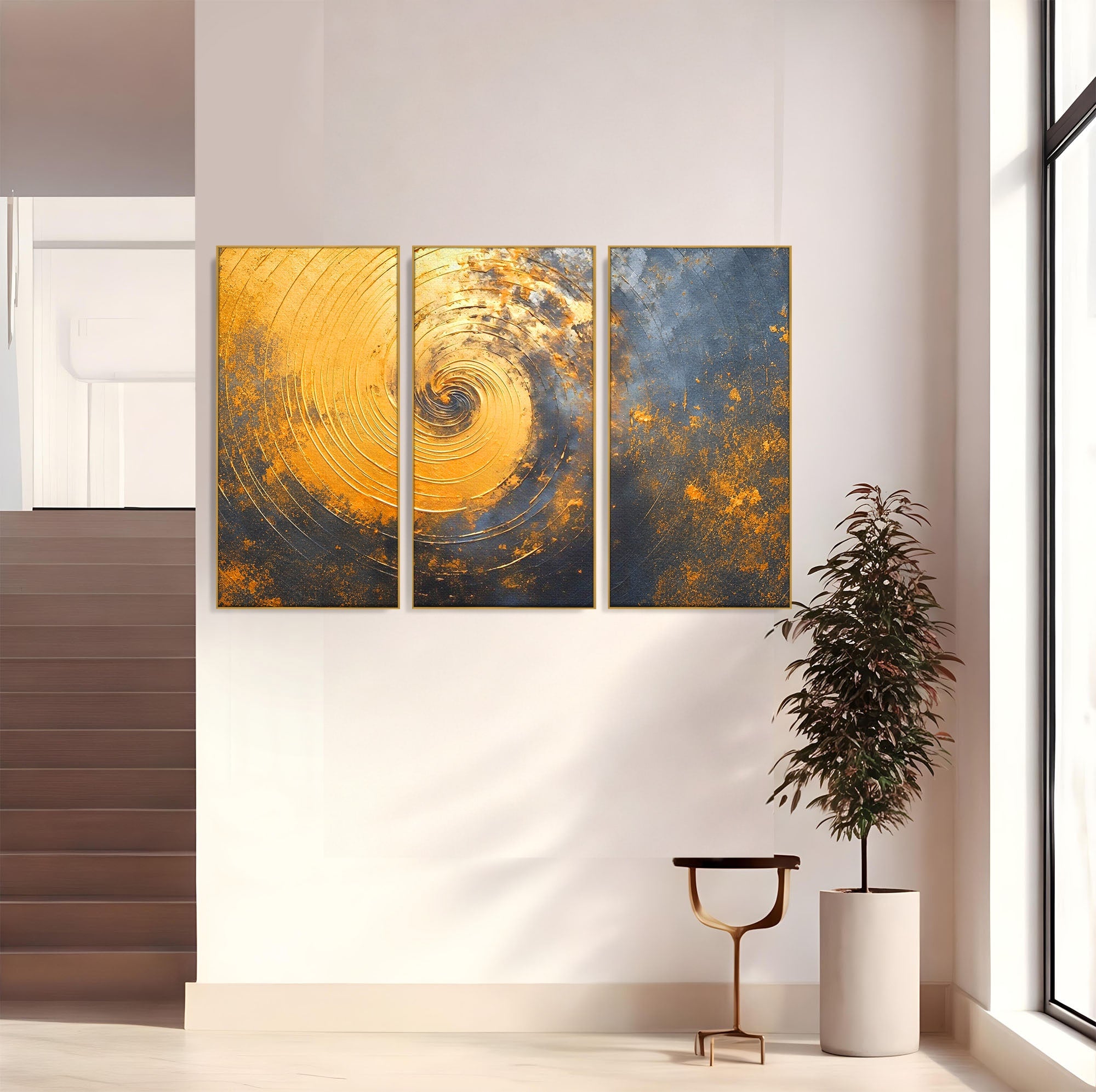 Set 3 Tablouri Canvas Premium LuxCanva® PI3-1177, Vortexul Auriu, Abstract, Spirala, Eclipsa, Negru, Living, Culori Vibrante