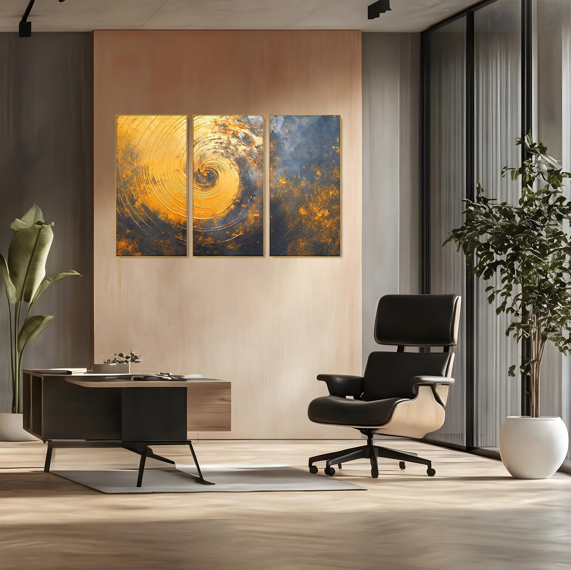 Set 3 Tablouri Canvas Premium LuxCanva® PI3-1177, Vortexul Auriu, Abstract, Spirala, Eclipsa, Negru, Living, Culori Vibrante