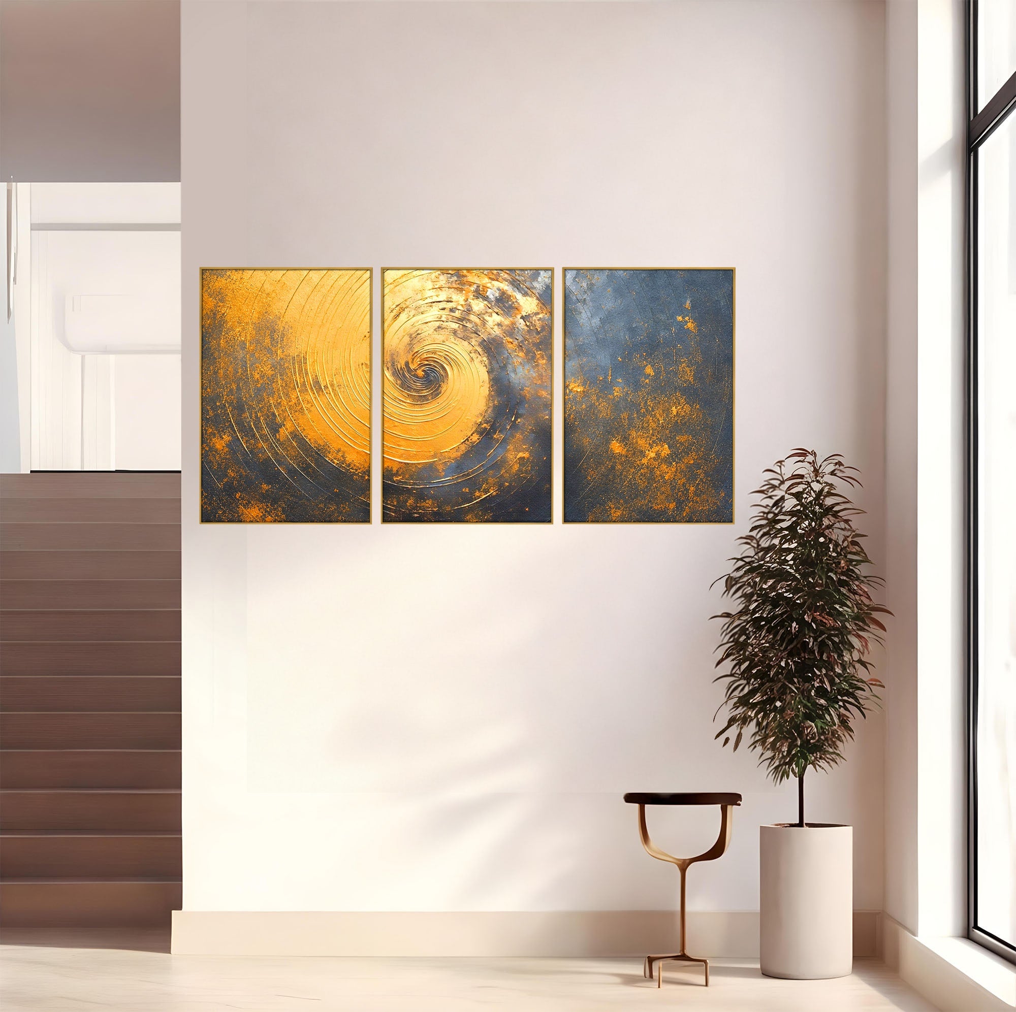 Set 3 Tablouri Canvas Premium LuxCanva® PI3-1177, Vortexul Auriu, Abstract, Spirala, Eclipsa, Negru, Living, Culori Vibrante