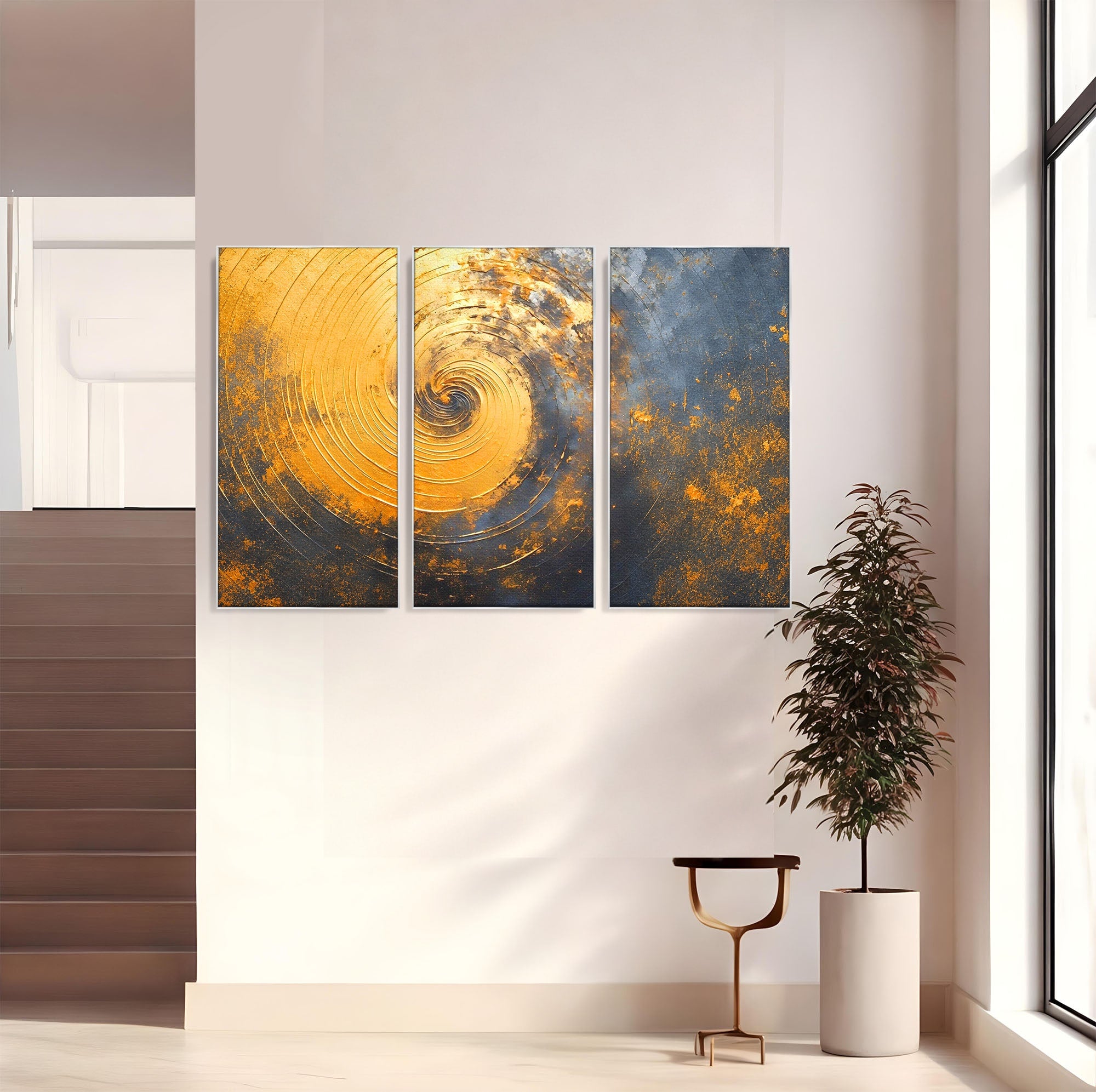 Set 3 Tablouri Canvas Premium LuxCanva® PI3-1177, Vortexul Auriu, Abstract, Spirala, Eclipsa, Negru, Living, Culori Vibrante