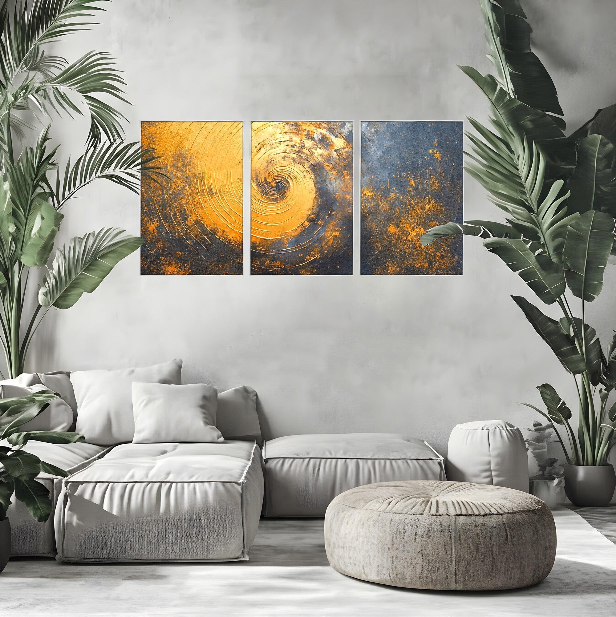 Set 3 Tablouri Canvas Premium LuxCanva® PI3-1177, Vortexul Auriu, Abstract, Spirala, Eclipsa, Negru, Living, Culori Vibrante