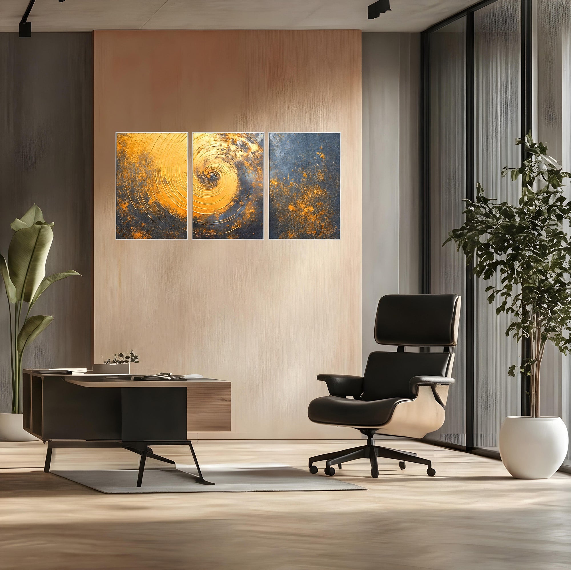 Set 3 Tablouri Canvas Premium LuxCanva® PI3-1177, Vortexul Auriu, Abstract, Spirala, Eclipsa, Negru, Living, Culori Vibrante