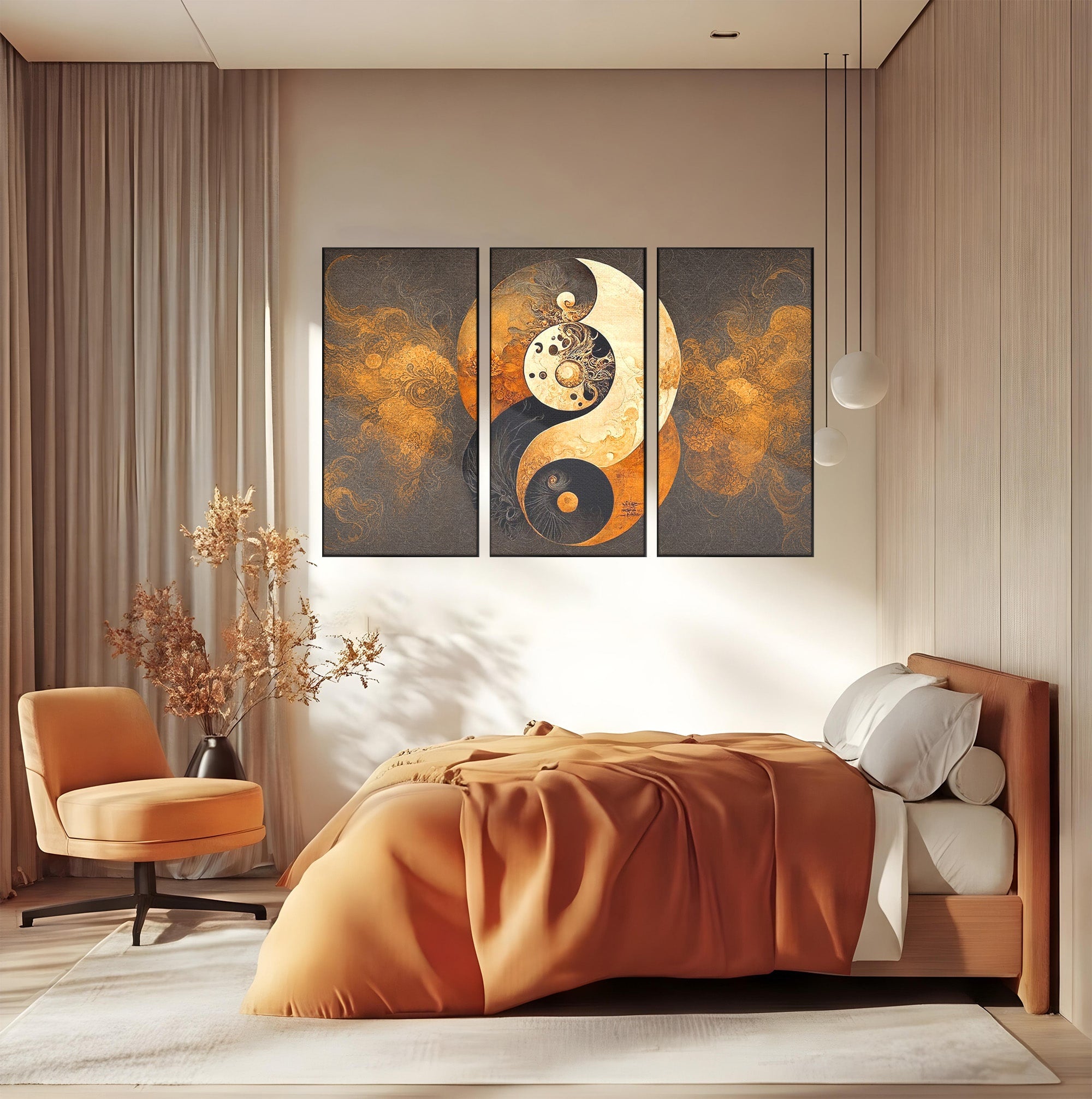 Set 3 Tablouri Canvas Premium LuxCanva® PI3-1181, Yin Si Yang, Abstract, Cercuri, Arta, Echilibru, Meditatie, Living, Birou, Culori Vibrante