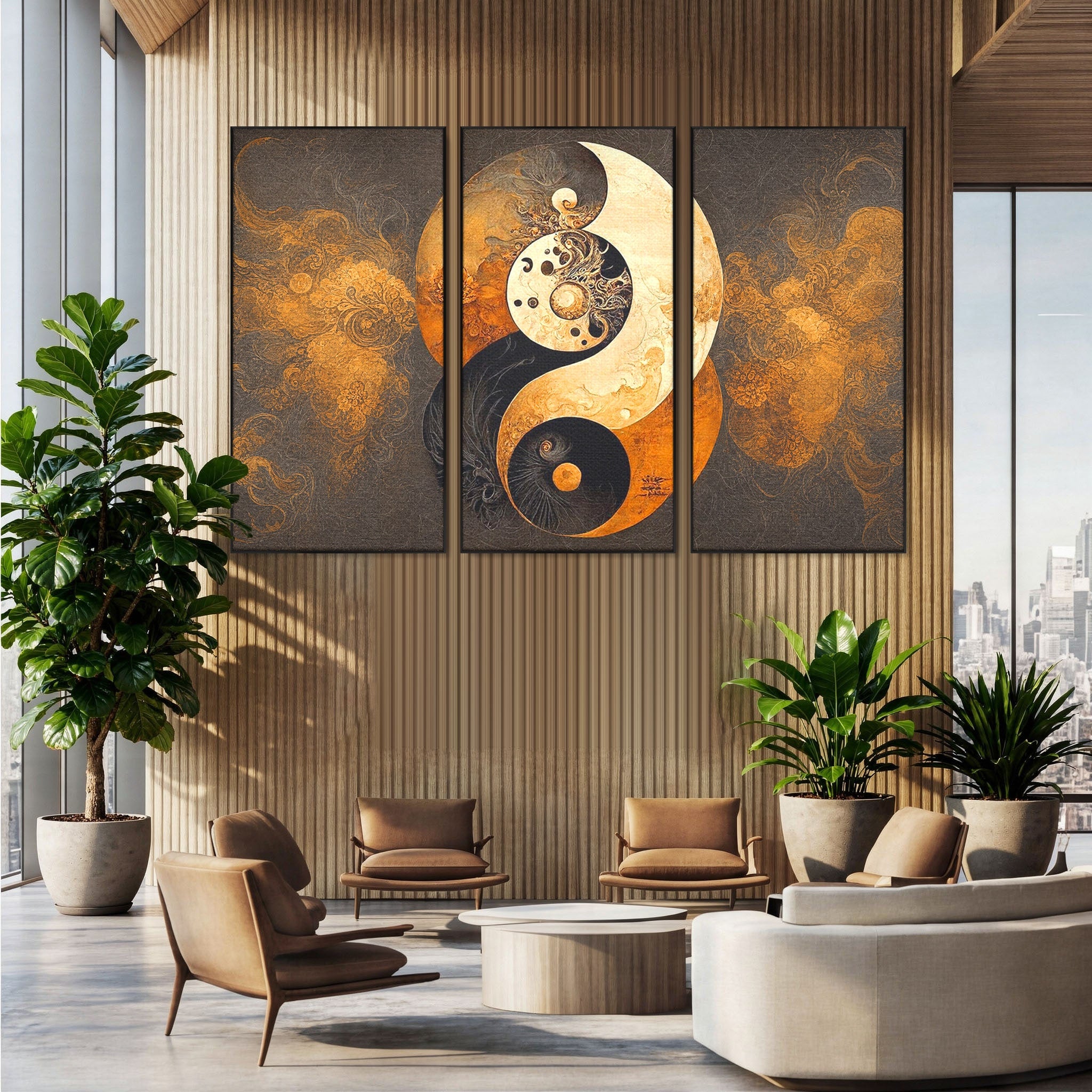 Set 3 Tablouri Canvas Premium LuxCanva® PI3-1181, Yin Si Yang, Abstract, Cercuri, Arta, Echilibru, Meditatie, Living, Birou, Culori Vibrante