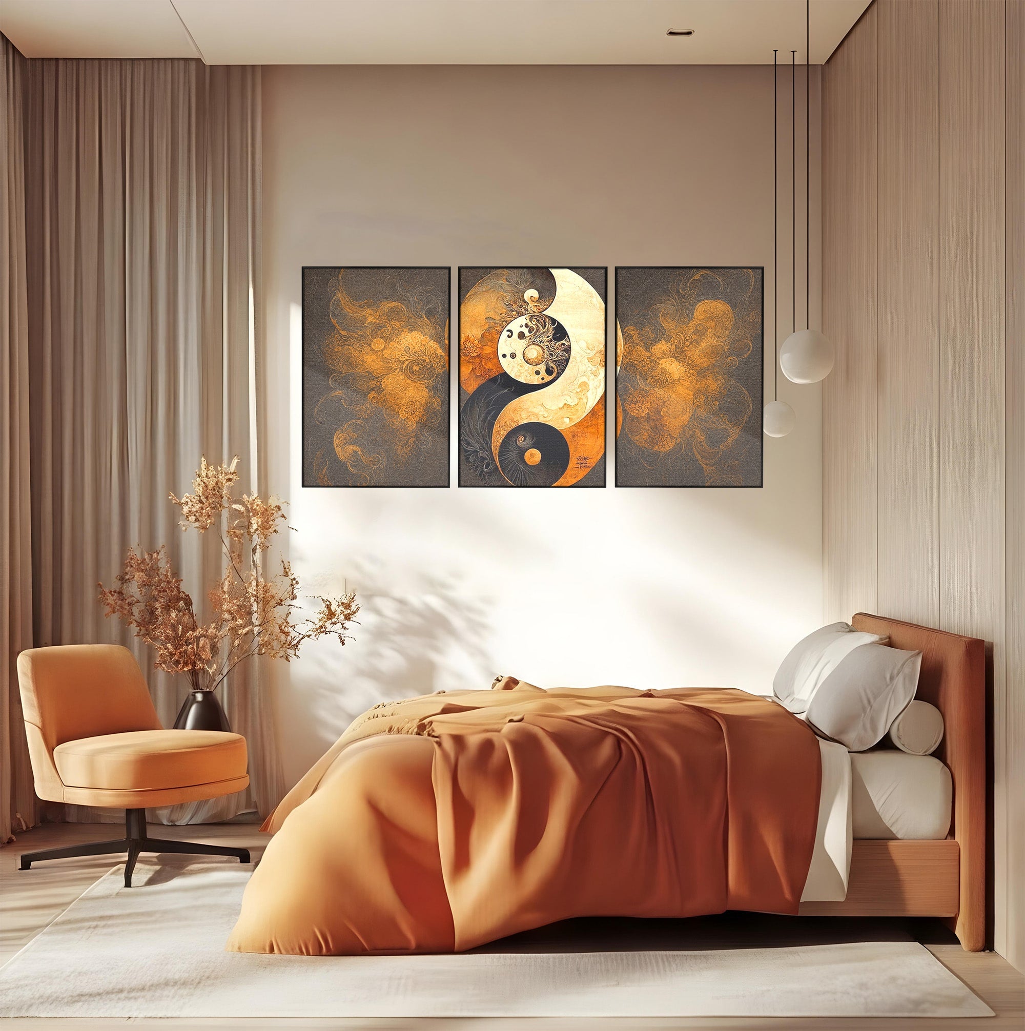 Set 3 Tablouri Canvas Premium LuxCanva® PI3-1181, Yin Si Yang, Abstract, Cercuri, Arta, Echilibru, Meditatie, Living, Birou, Culori Vibrante