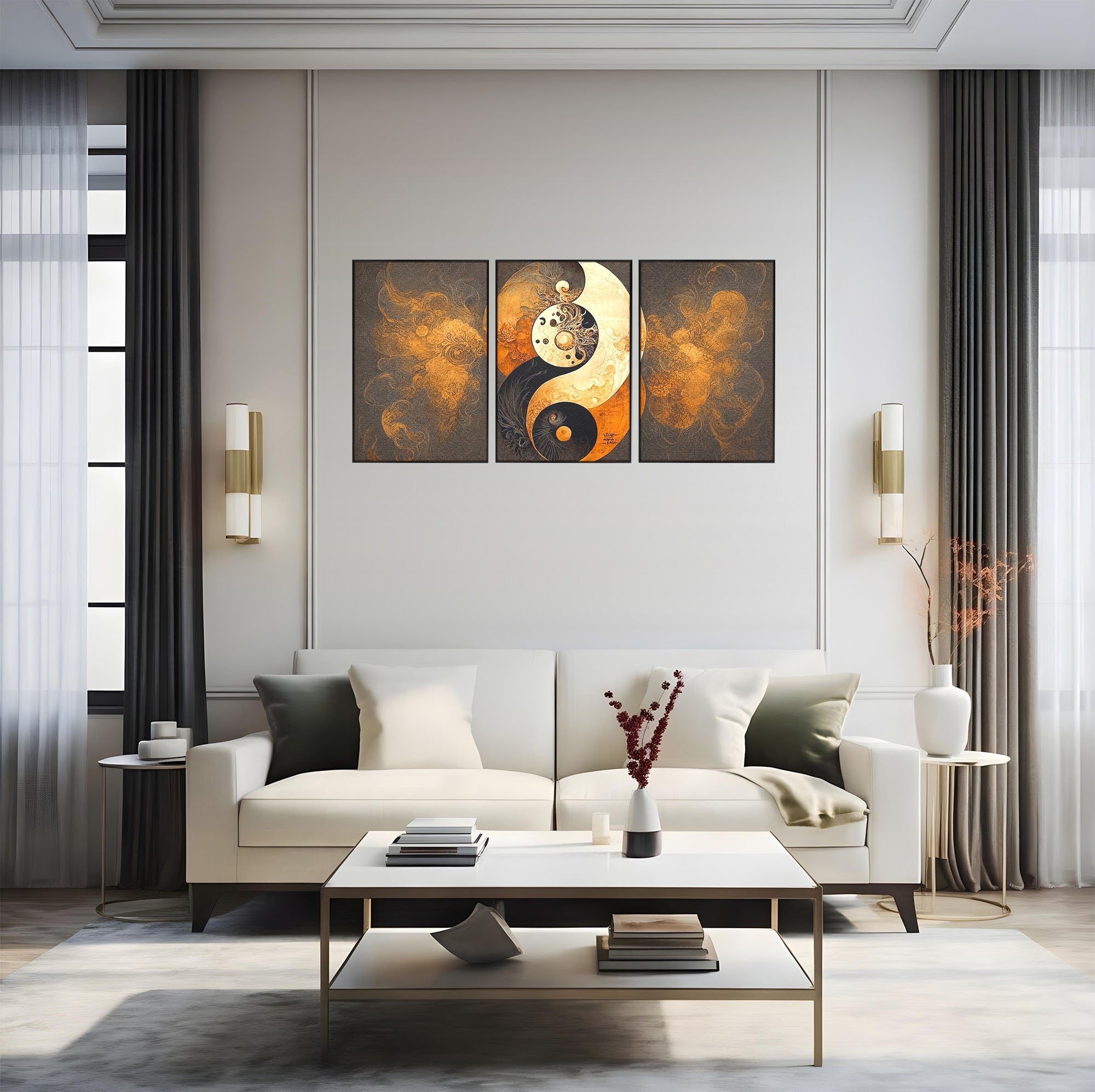 Set 3 Tablouri Canvas Premium LuxCanva® PI3-1181, Yin Si Yang, Abstract, Cercuri, Arta, Echilibru, Meditatie, Living, Birou, Culori Vibrante