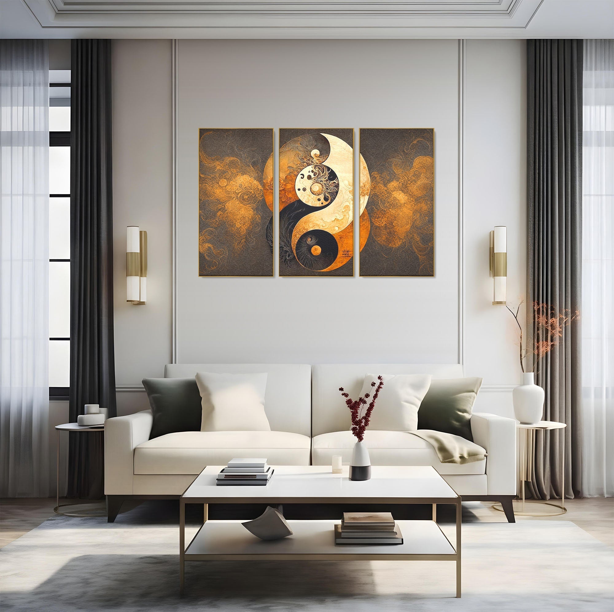 Set 3 Tablouri Canvas Premium LuxCanva® PI3-1181, Yin Si Yang, Abstract, Cercuri, Arta, Echilibru, Meditatie, Living, Birou, Culori Vibrante